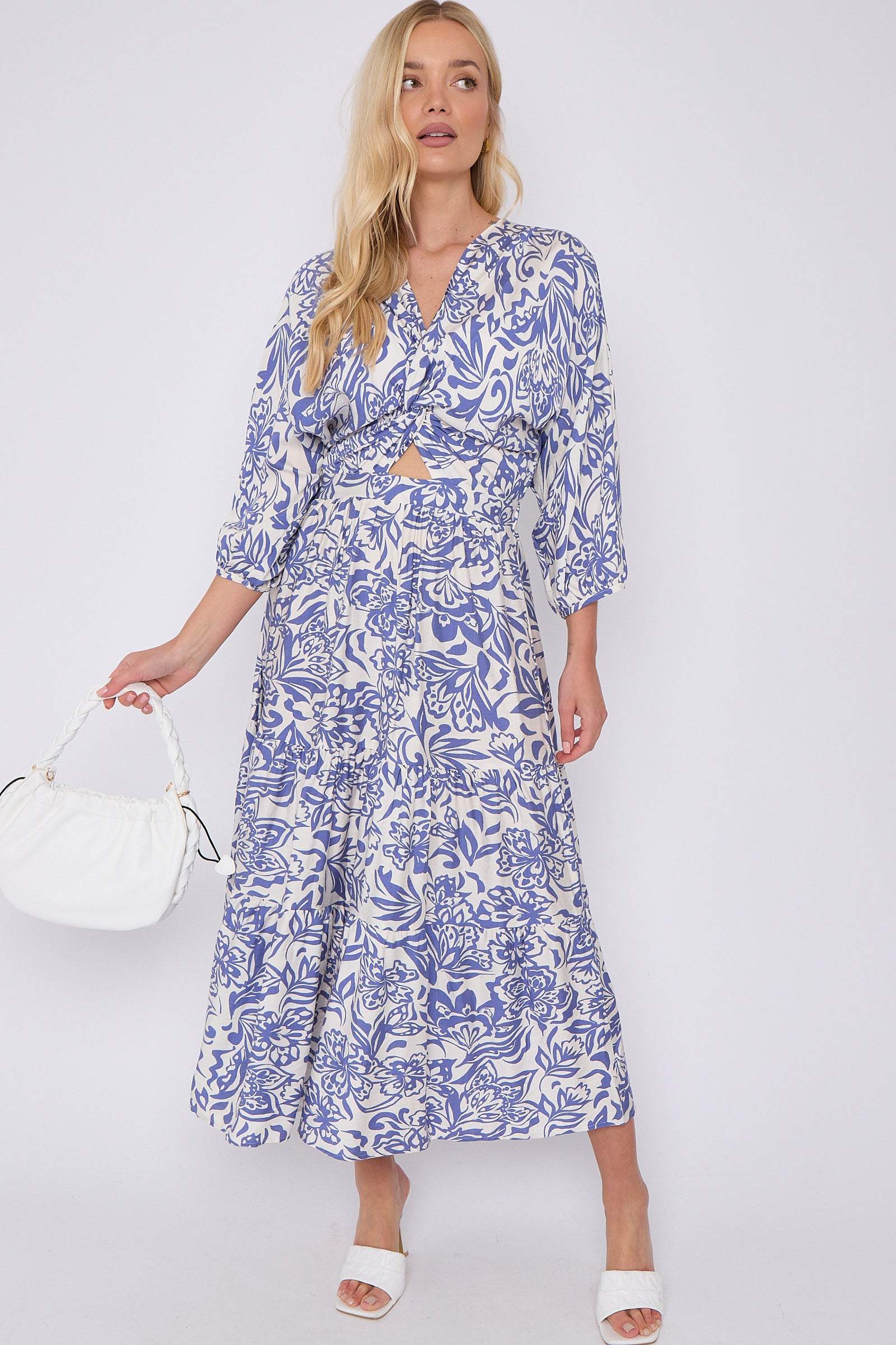 Blue Floral Print Knotted Quarter Sleeve Maxi Dress