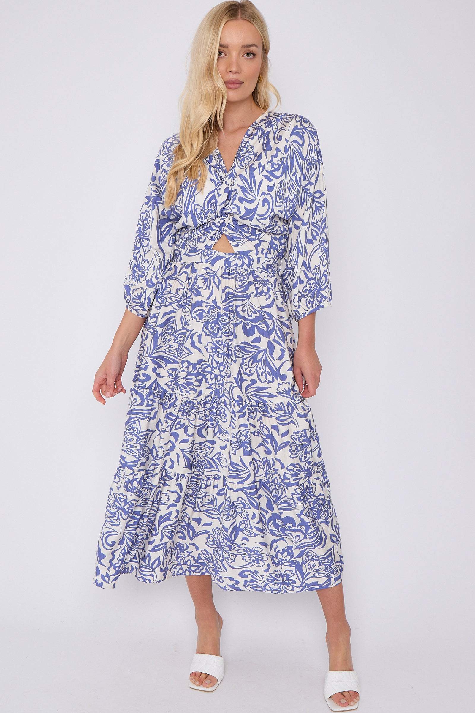 Blue Floral Print Knotted Quarter Sleeve Maxi Dress