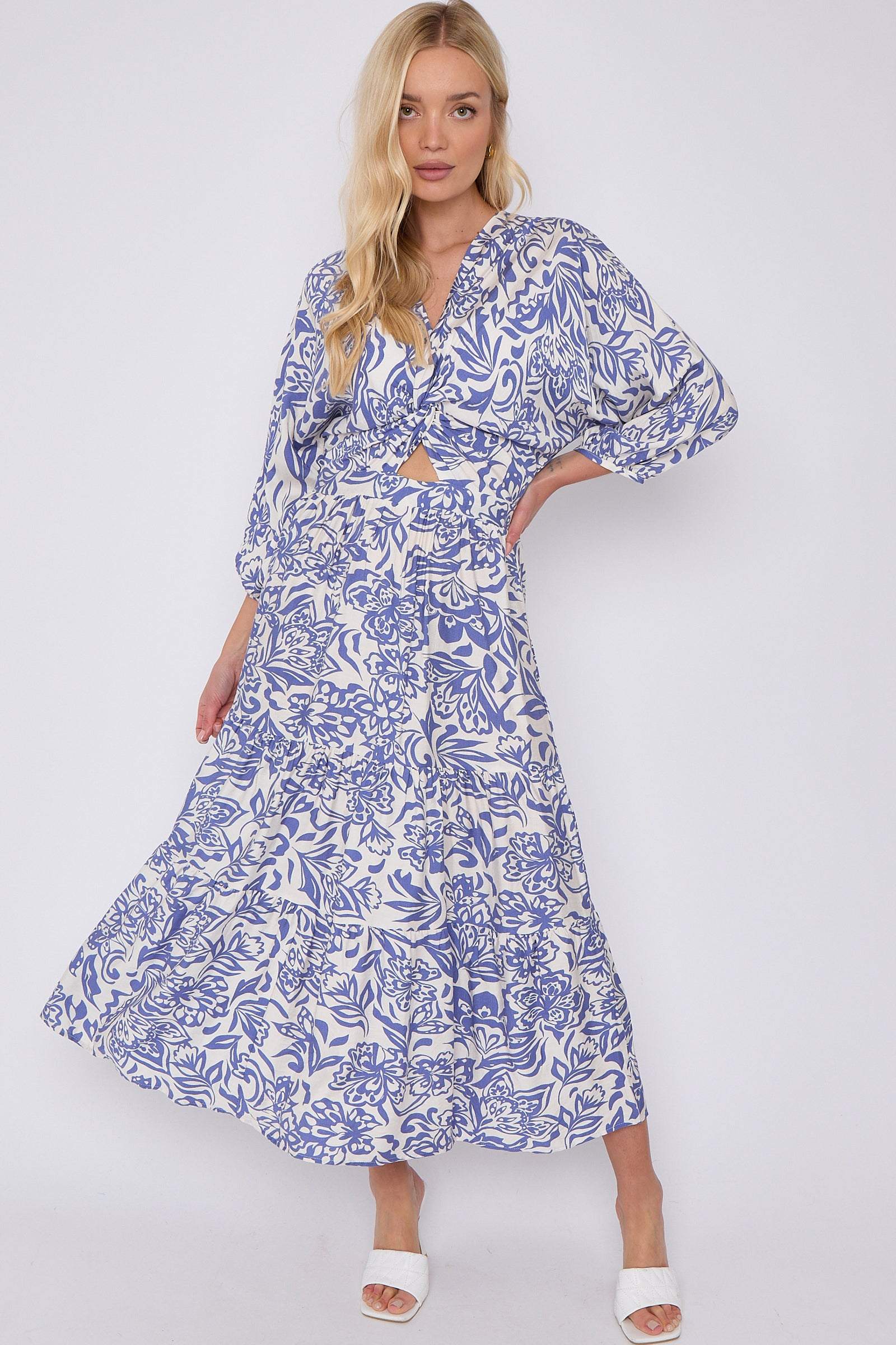 Blue Floral Print Knotted Quarter Sleeve Maxi Dress