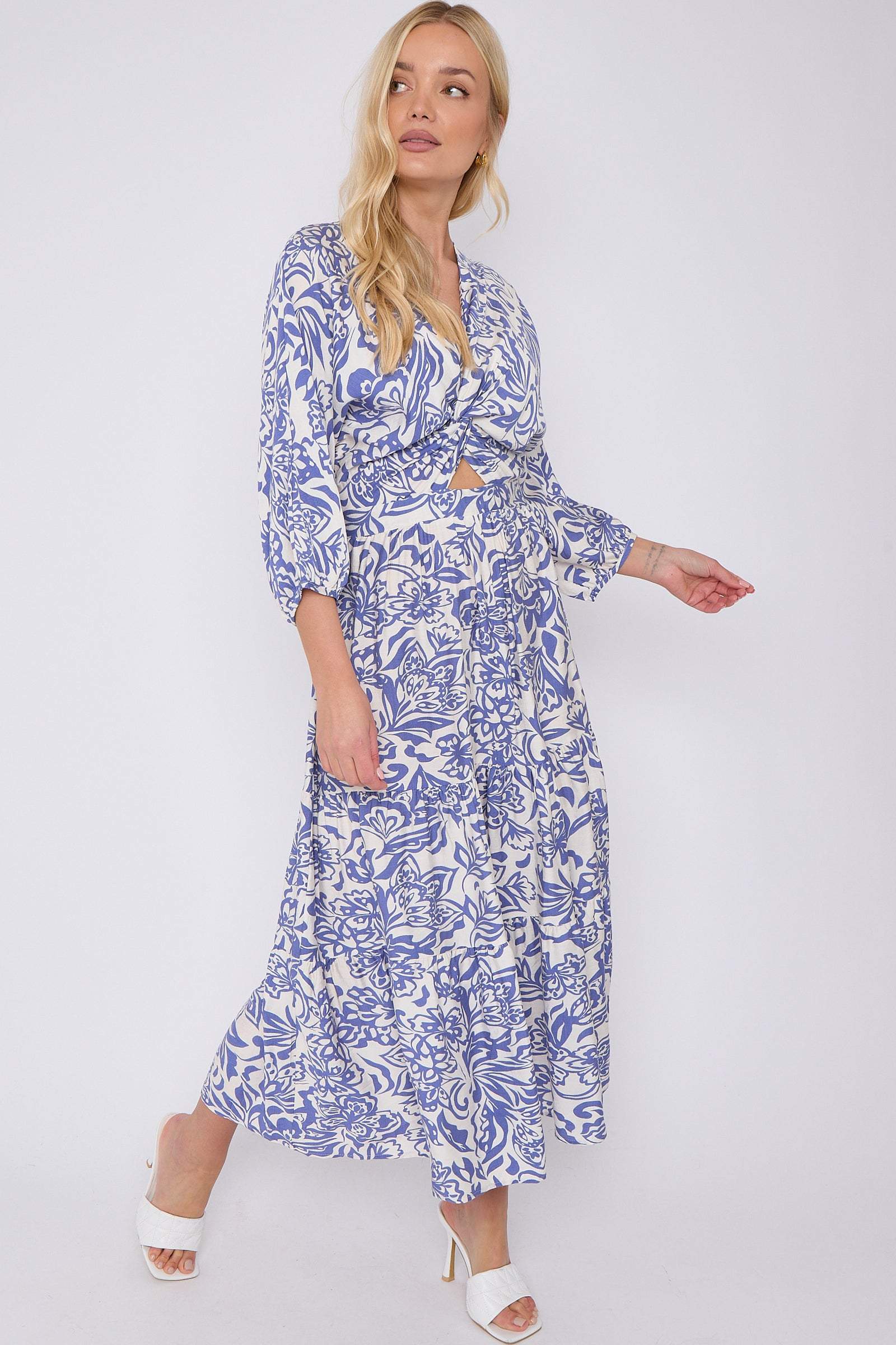 Blue Floral Print Knotted Quarter Sleeve Maxi Dress