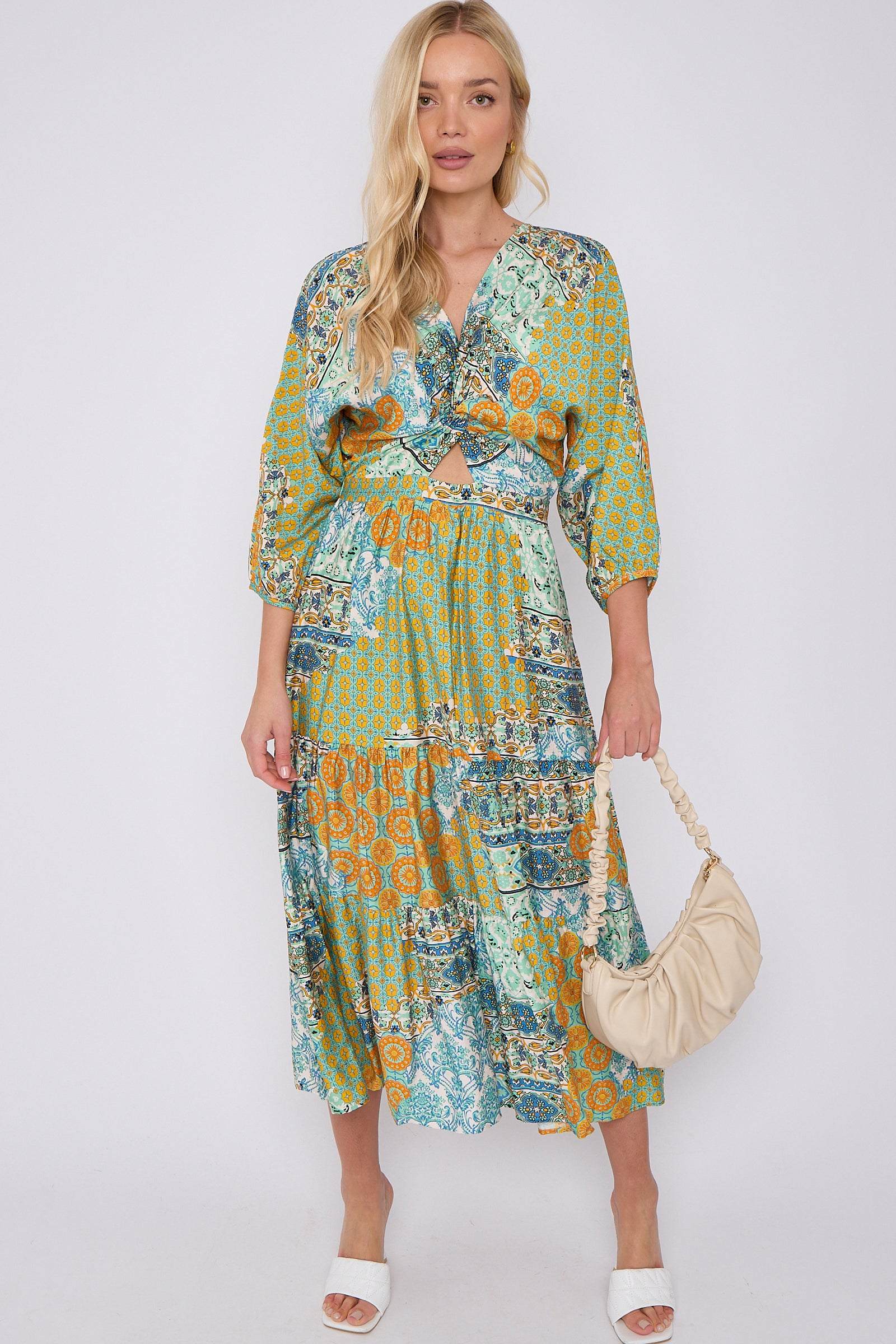 Green Multi FPrint Knotted Quarter Sleeve Maxi Dress