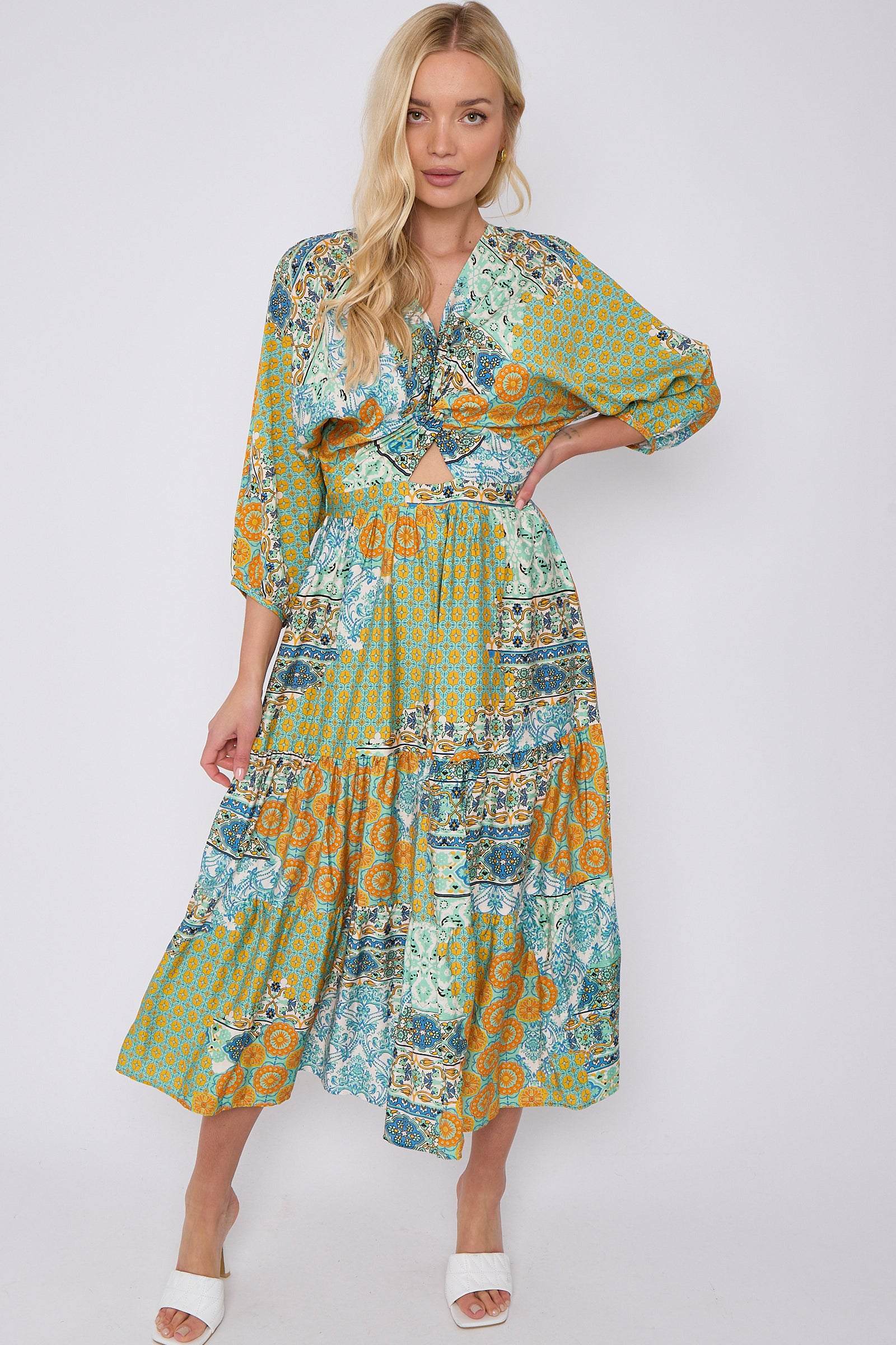 Green Multi FPrint Knotted Quarter Sleeve Maxi Dress