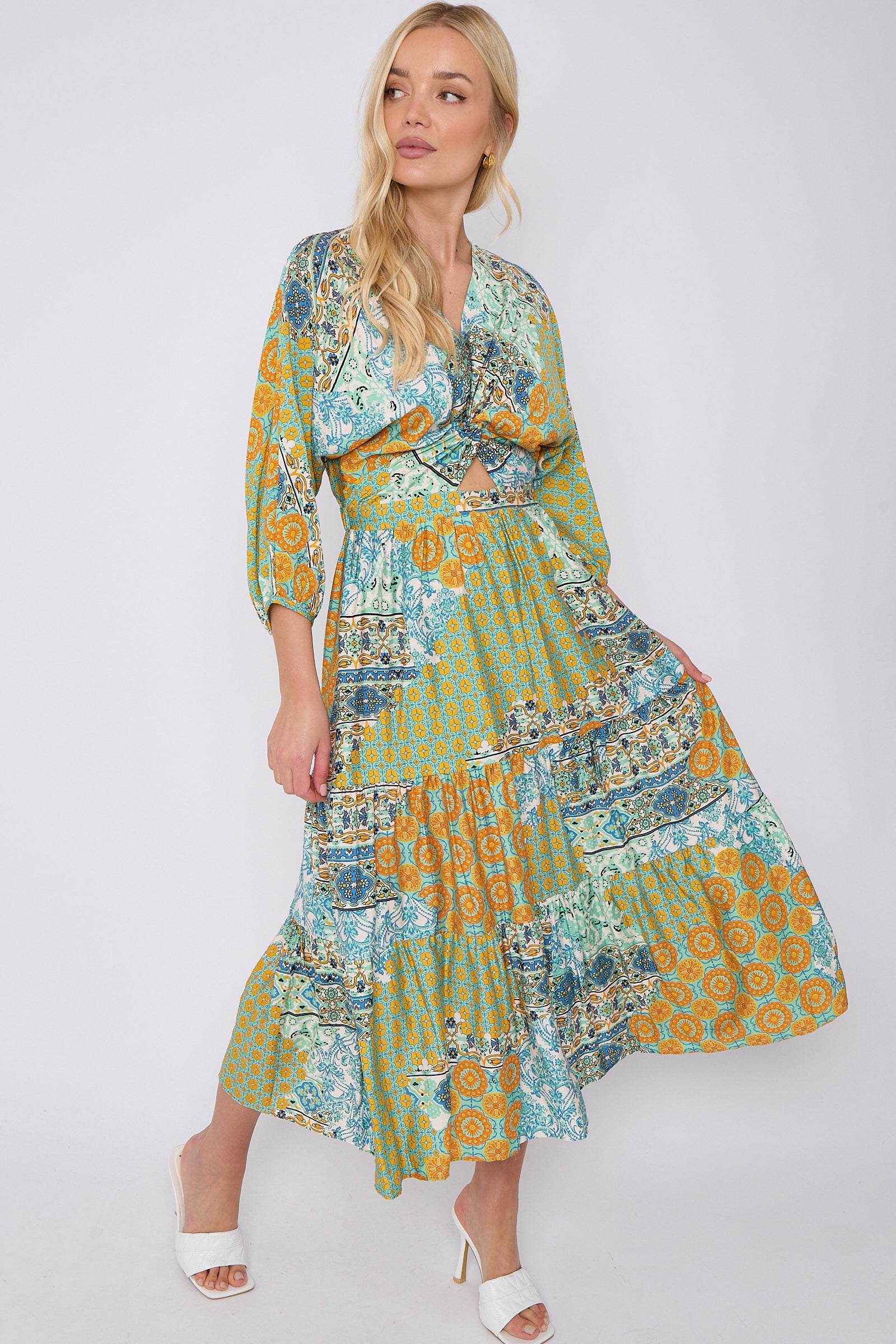 Green Multi FPrint Knotted Quarter Sleeve Maxi Dress