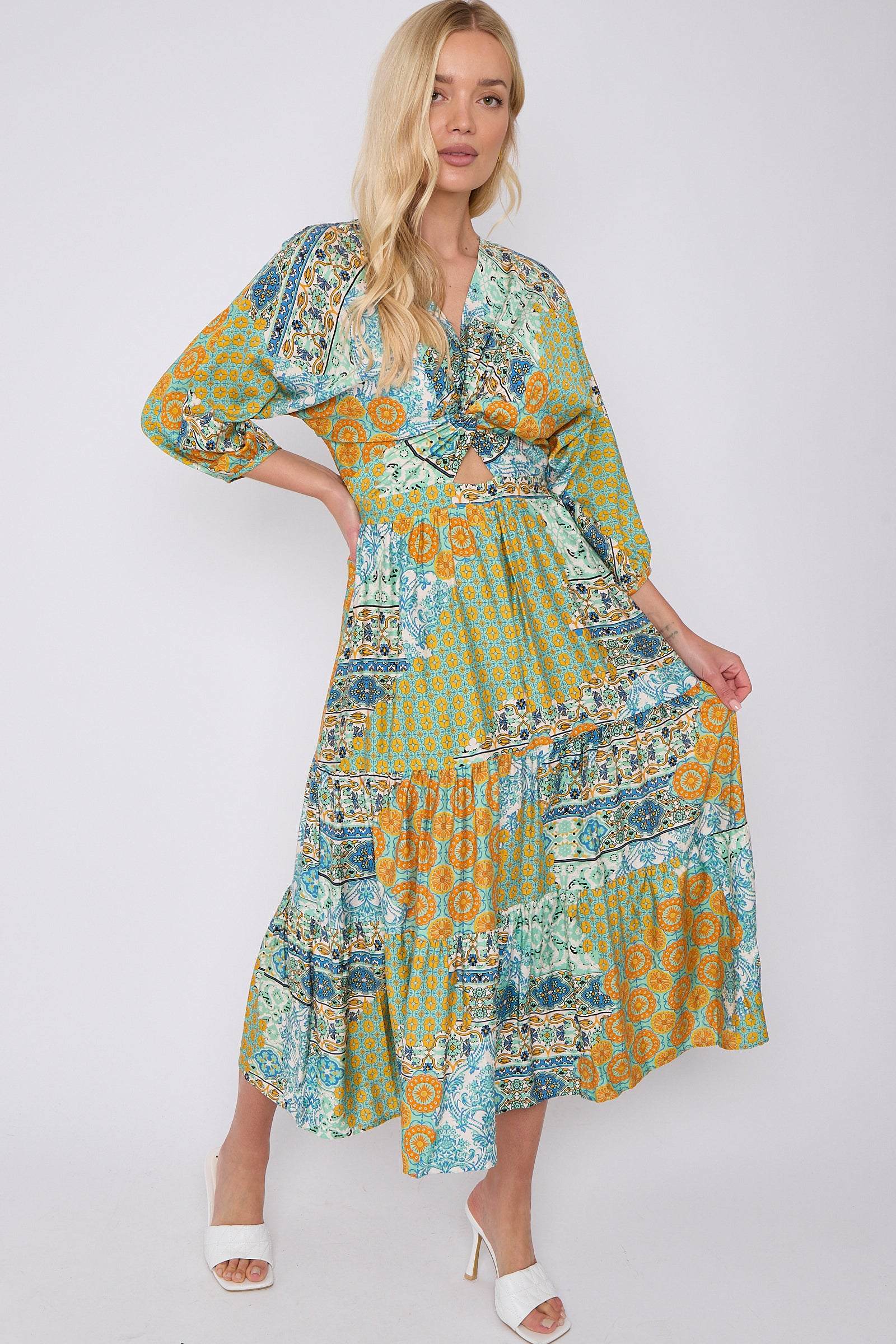 Green Multi FPrint Knotted Quarter Sleeve Maxi Dress