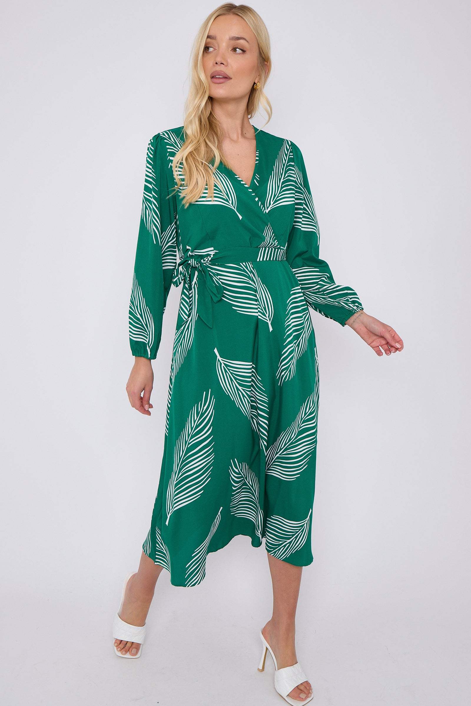 Green Plam Leaf Printed V Neck Midi Dress