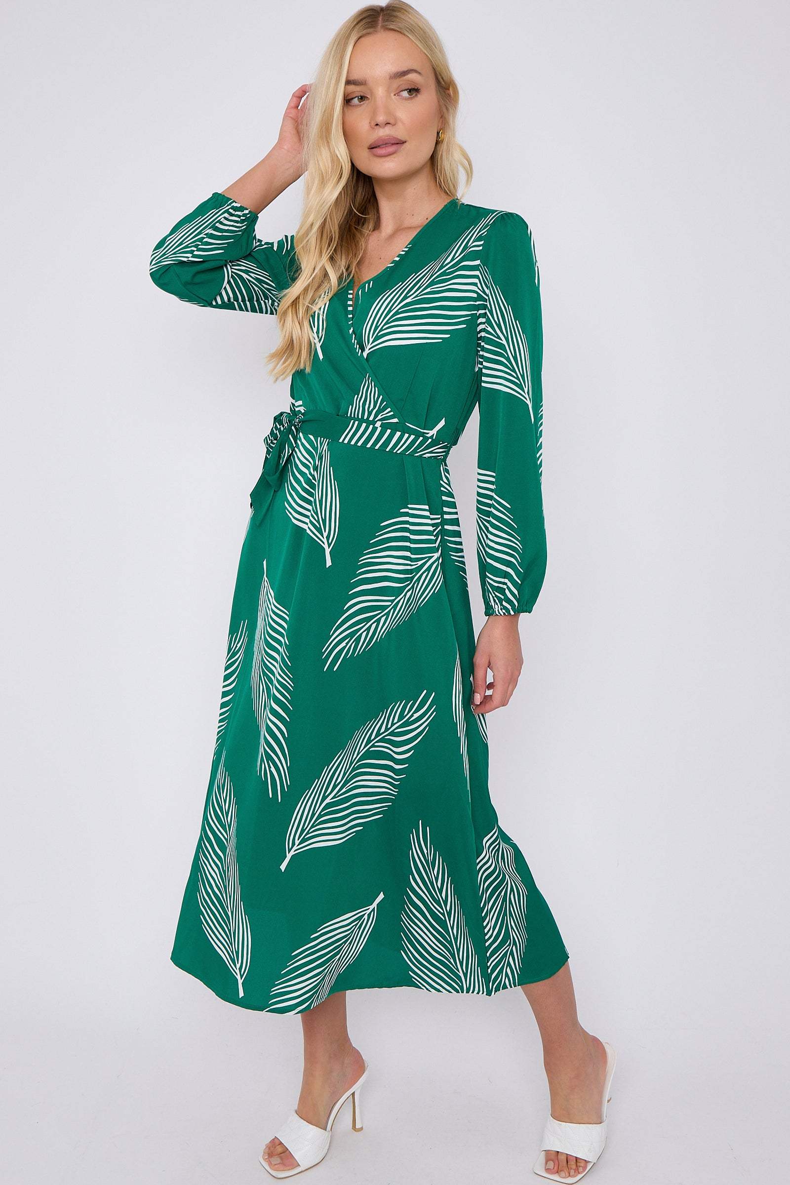 Green Plam Leaf Printed V Neck Midi Dress