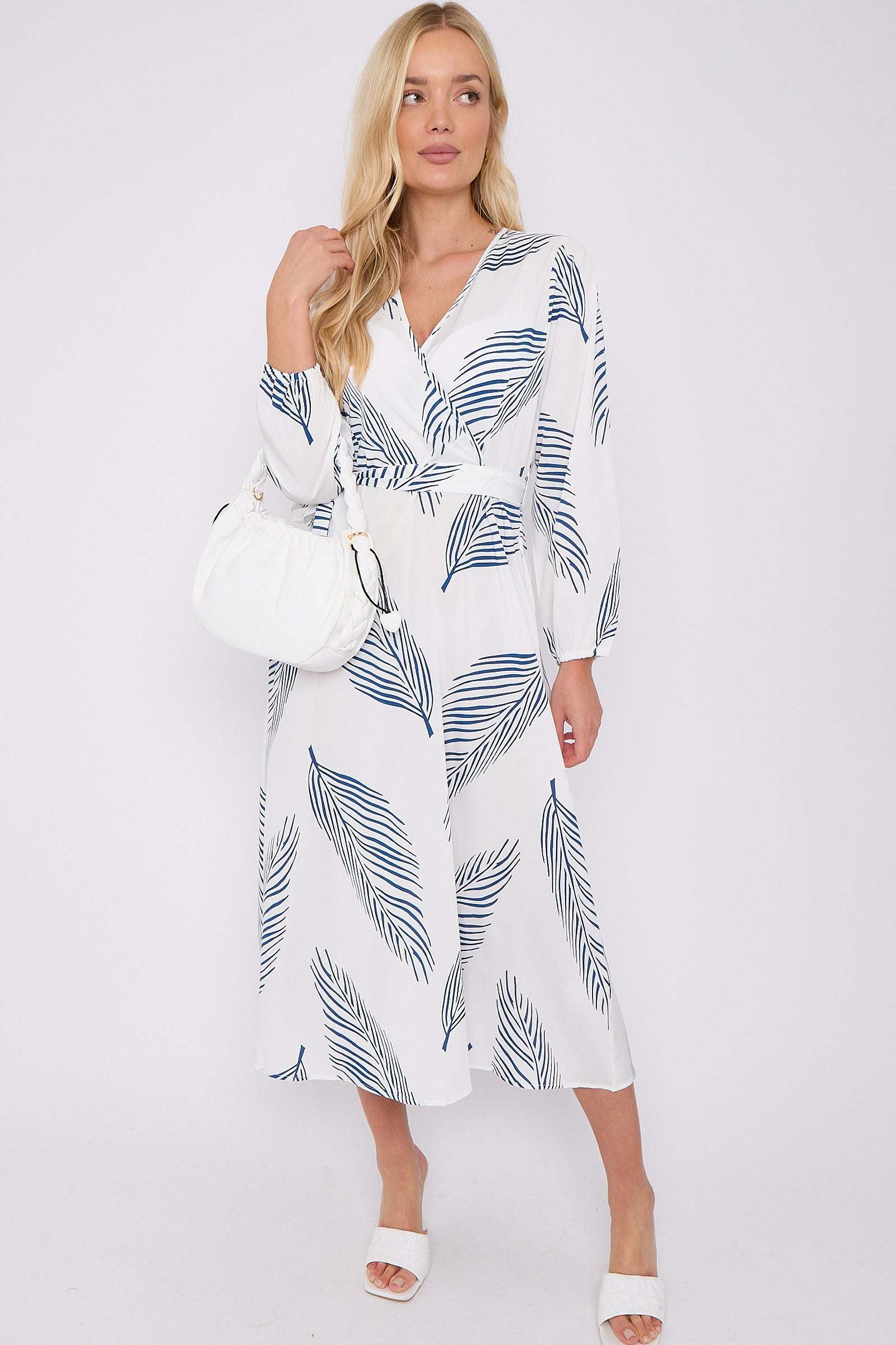 White Plam Leaf Printed V Neck Midi Dress