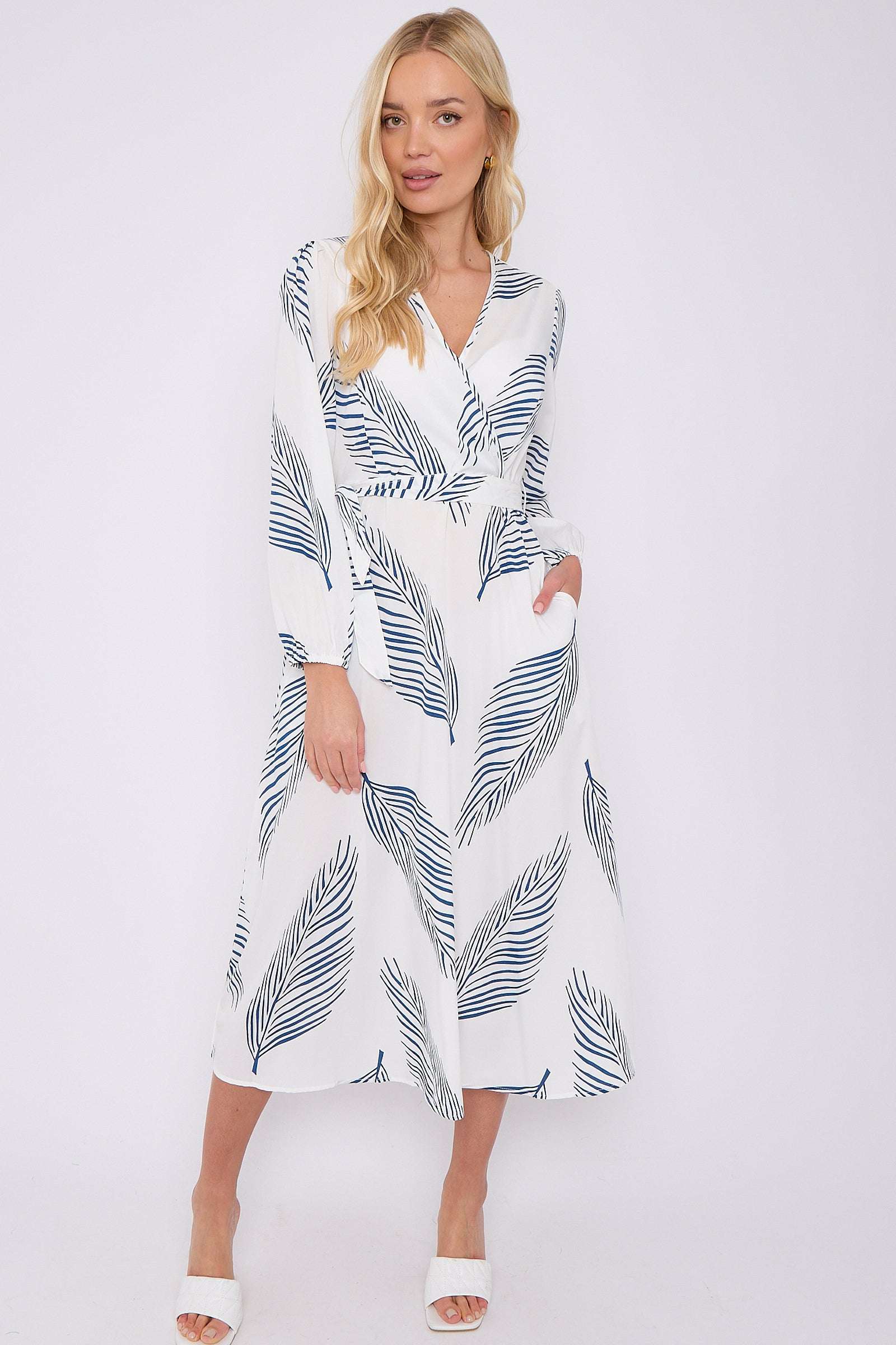 White Plam Leaf Printed V Neck Midi Dress