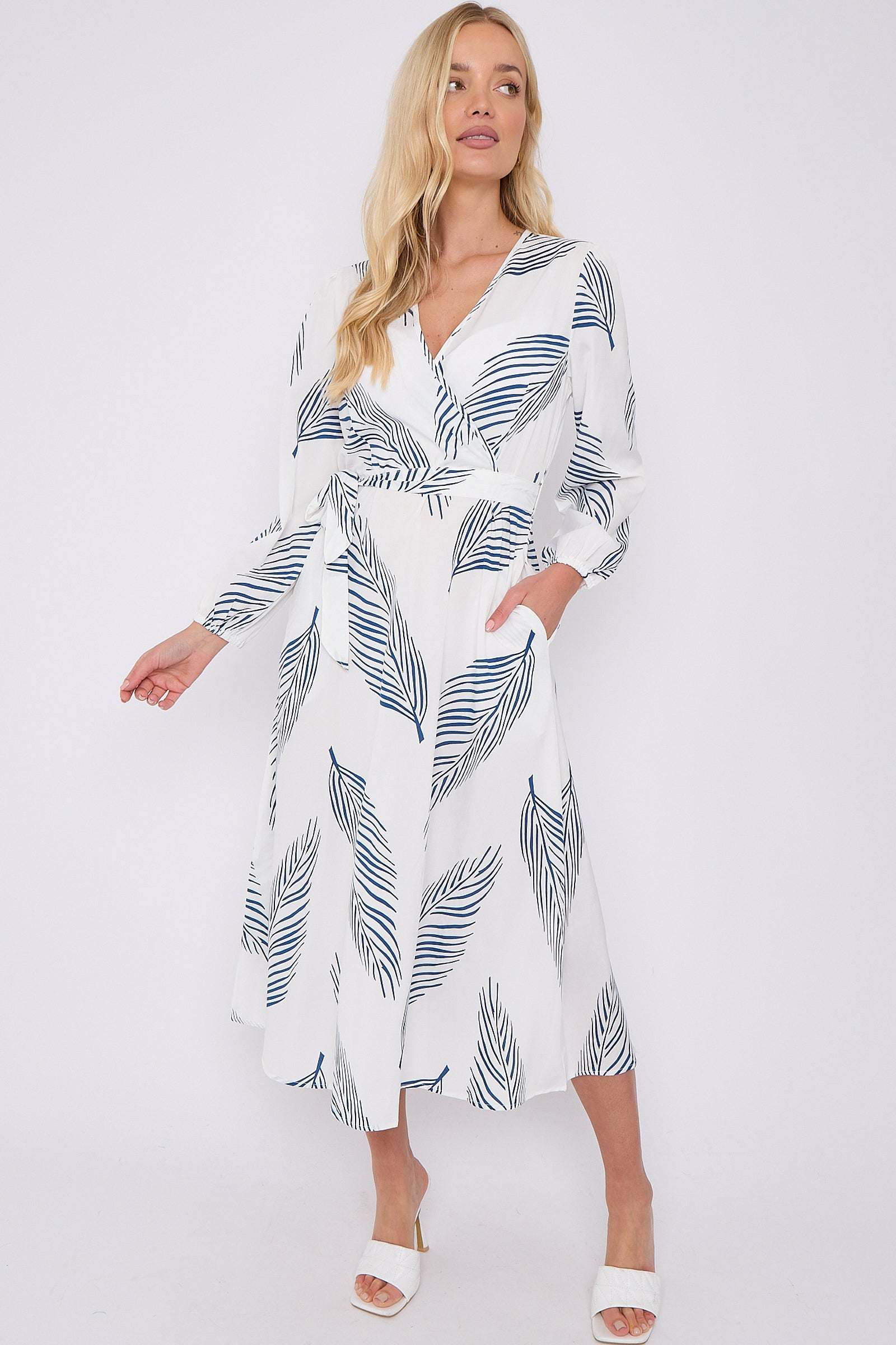 White Plam Leaf Printed V Neck Midi Dress