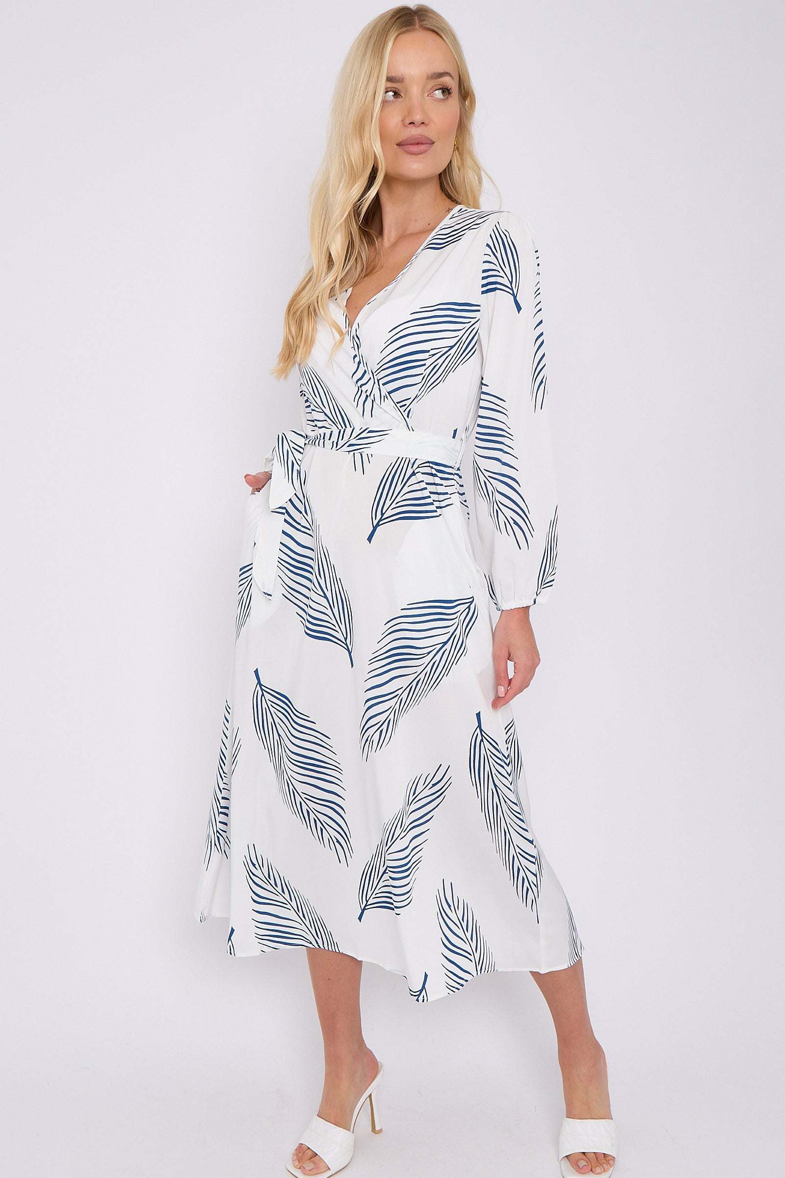 White Plam Leaf Printed V Neck Midi Dress