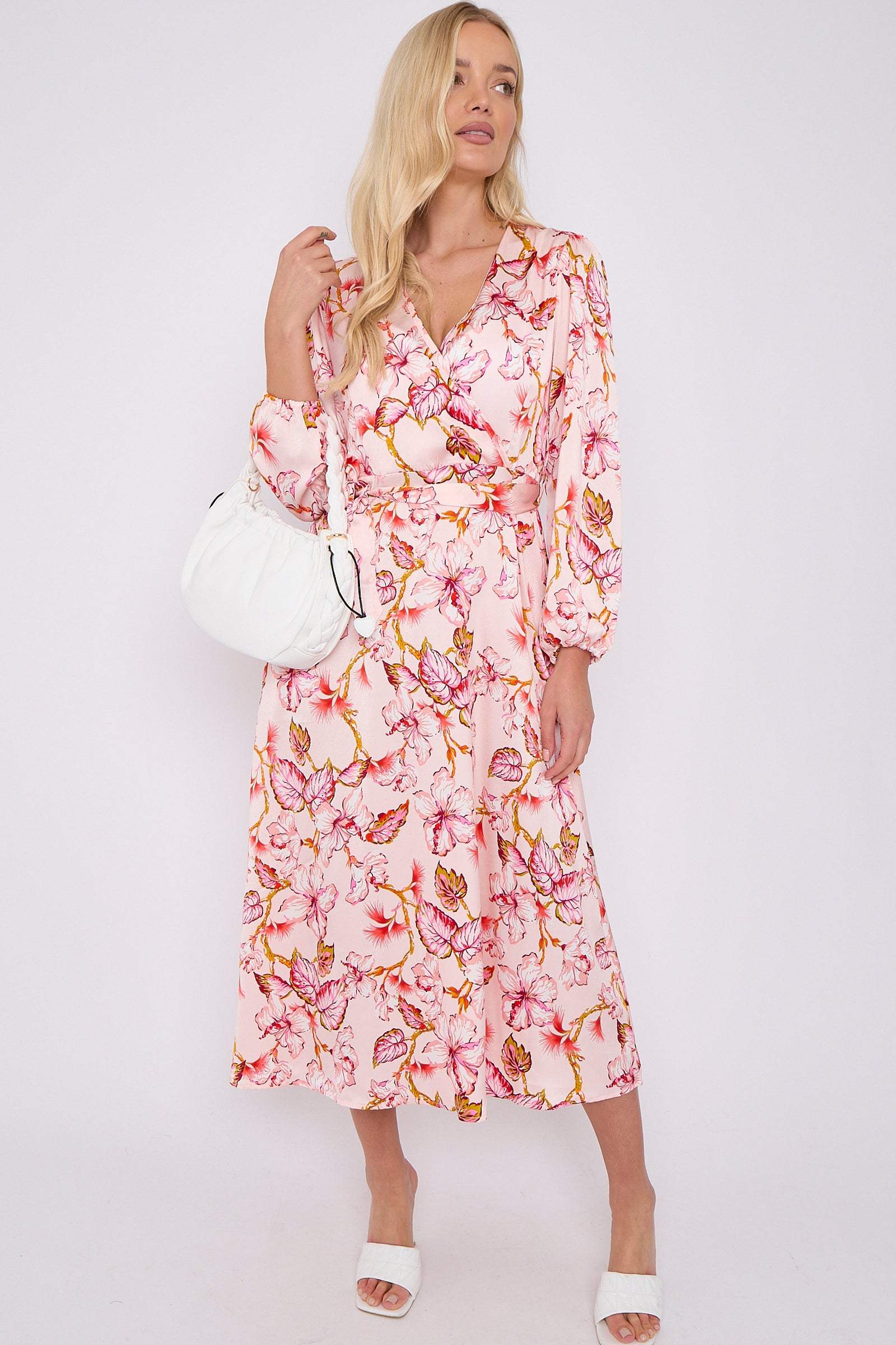 Pink Floral Printed V Neck Midi Dress