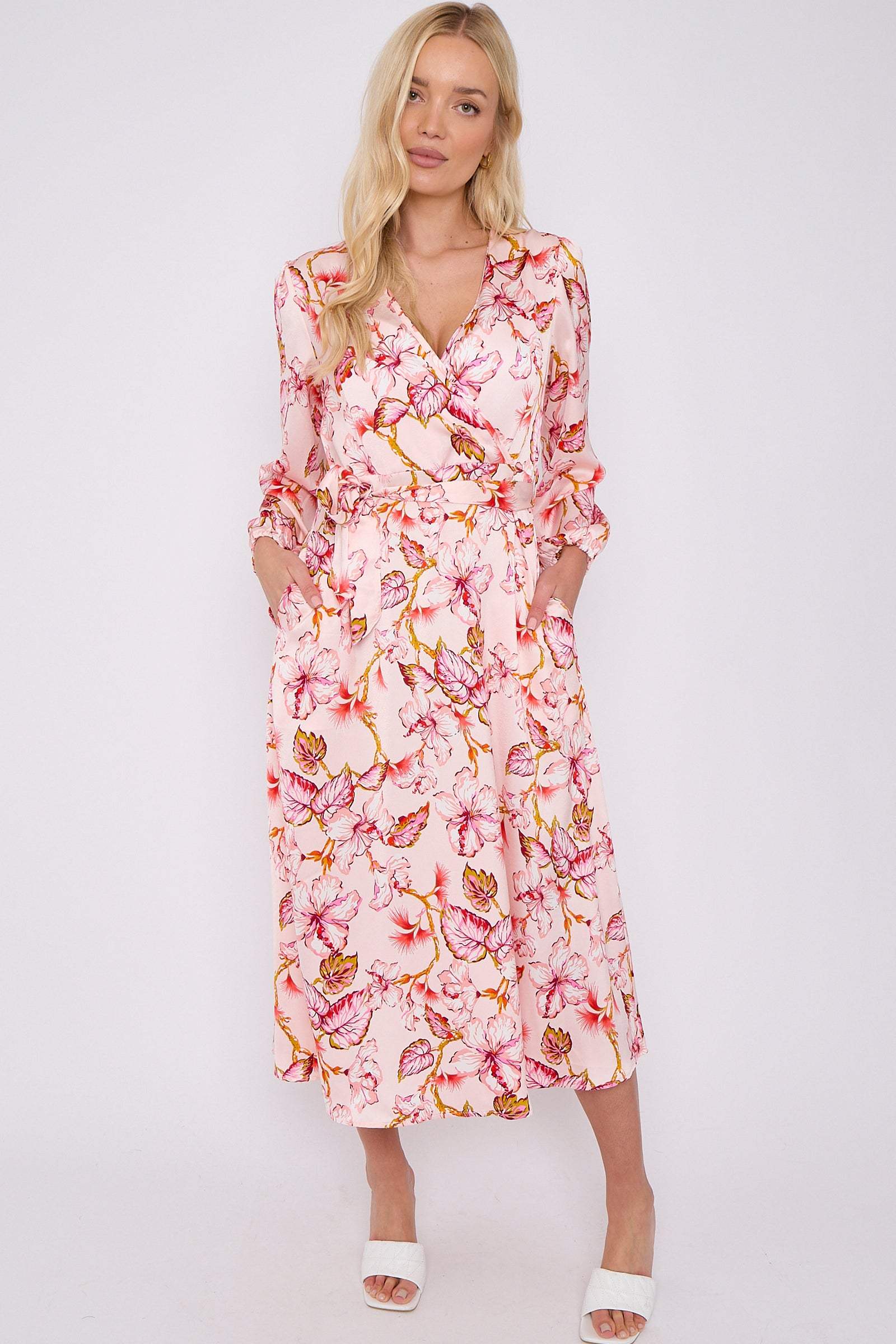 Pink Floral Printed V Neck Midi Dress