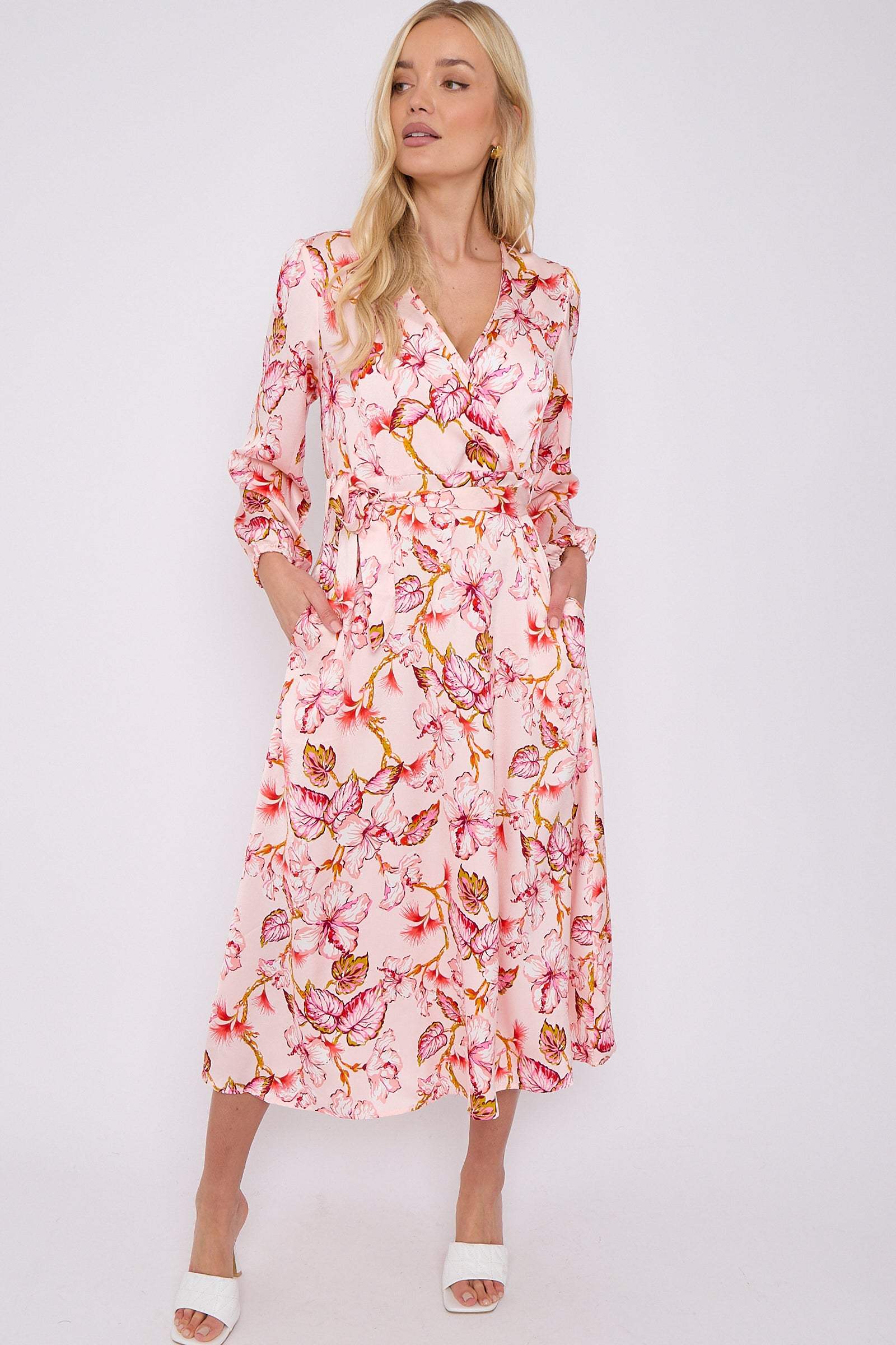 Pink Floral Printed V Neck Midi Dress