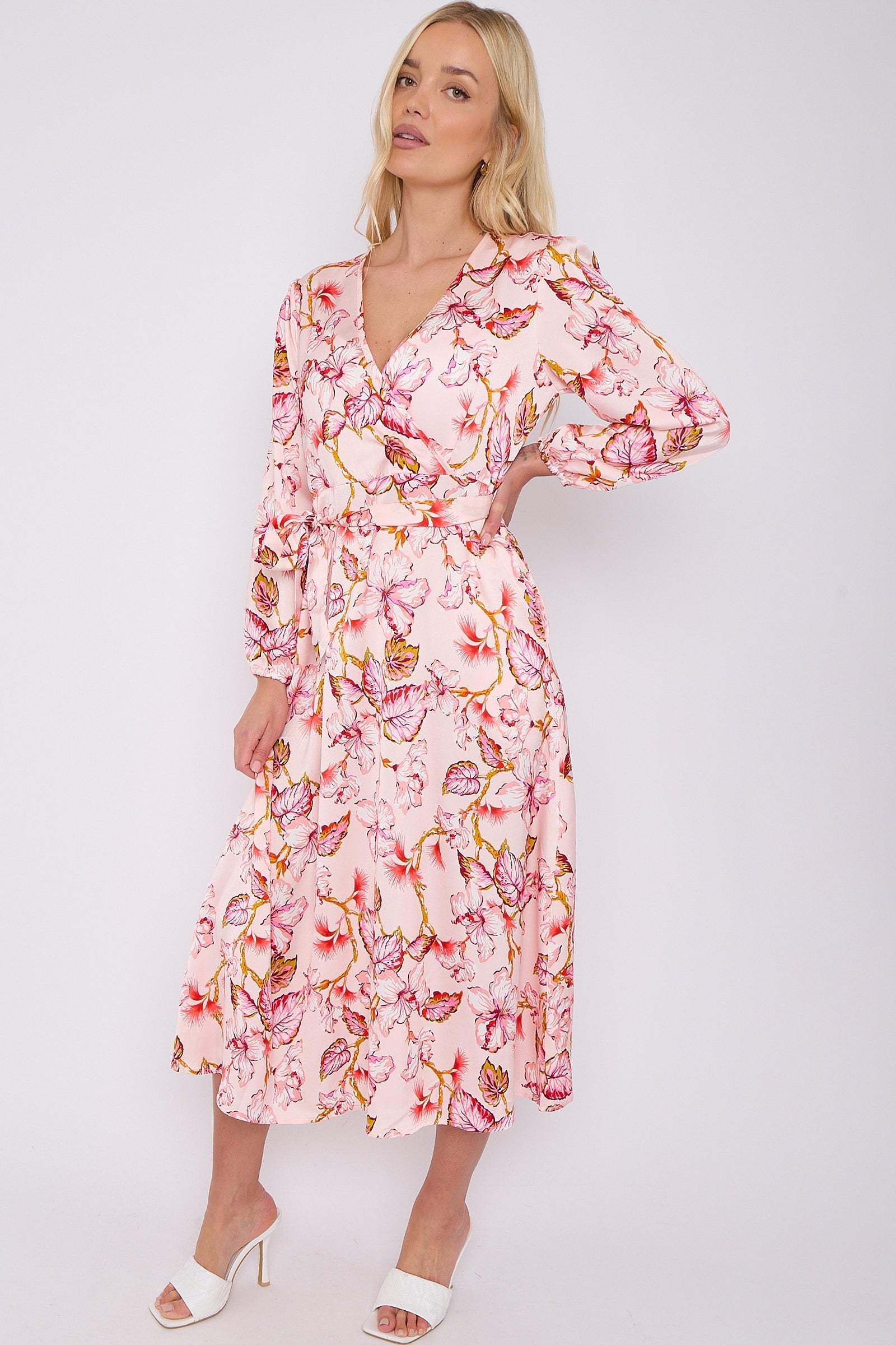 Pink Floral Printed V Neck Midi Dress