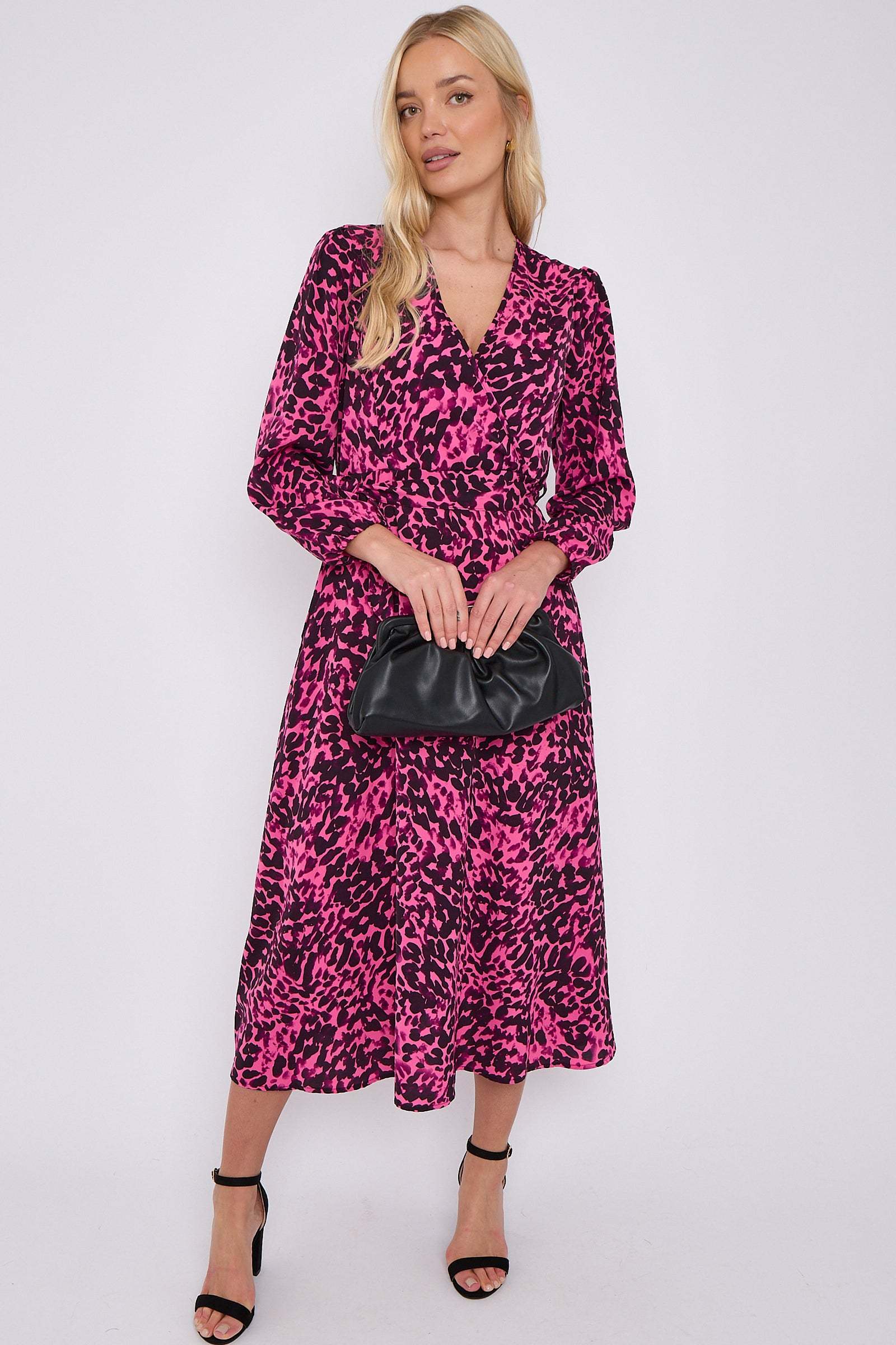 Fuchsia Leopard Printed V Neck Midi Dress