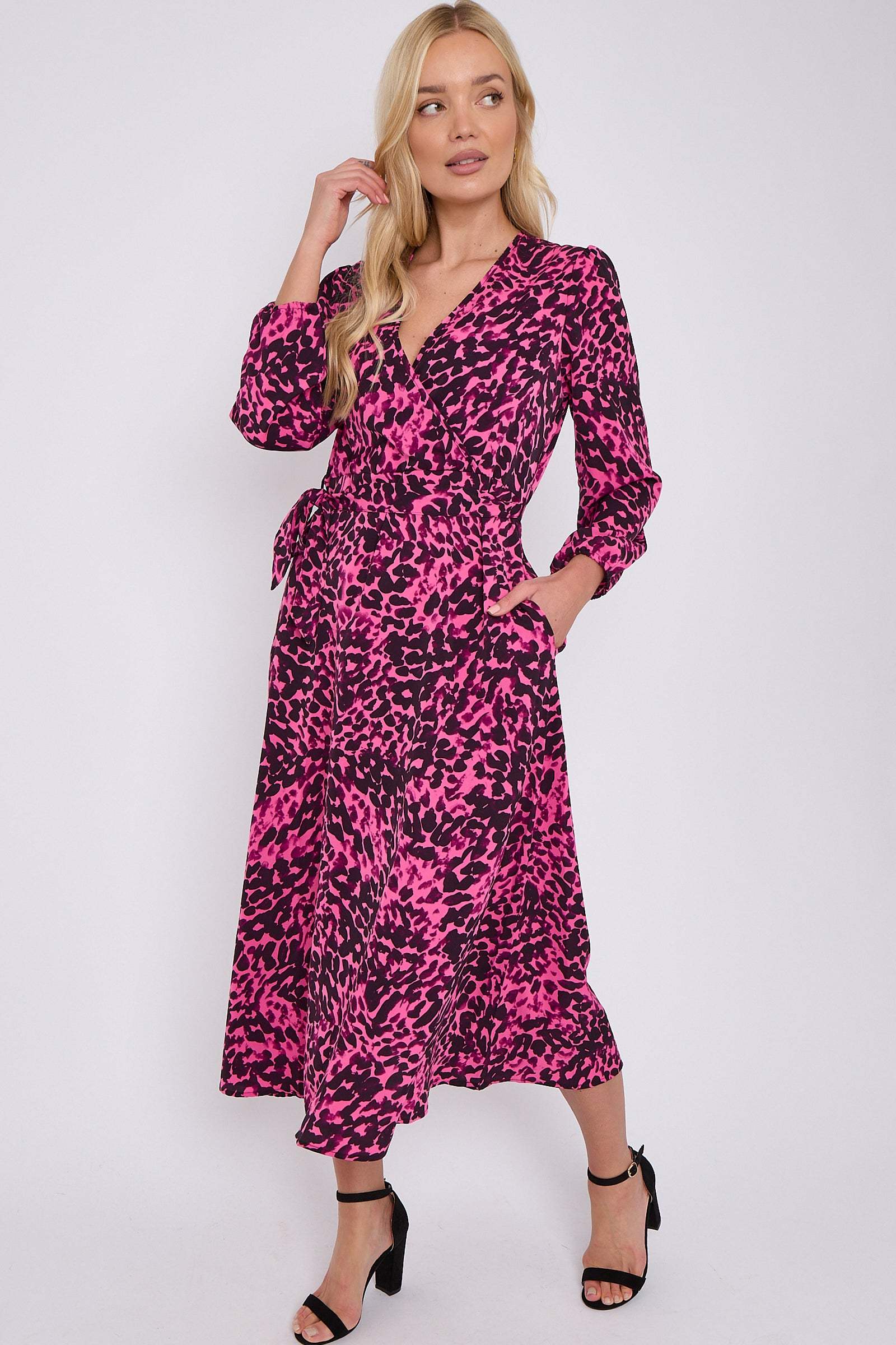 Fuchsia Leopard Printed V Neck Midi Dress