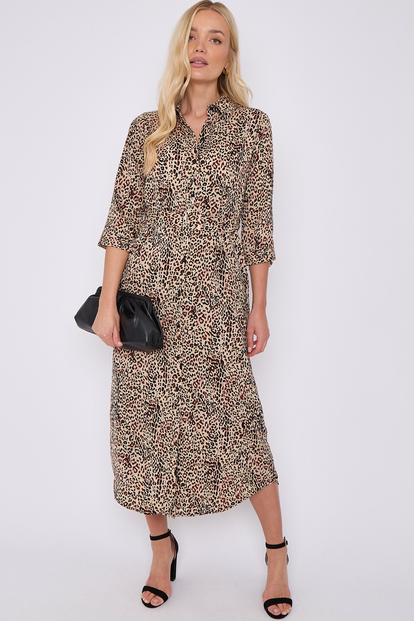 Brown Leopard Print Half Sleeve Belted Maxi Shirt Dress