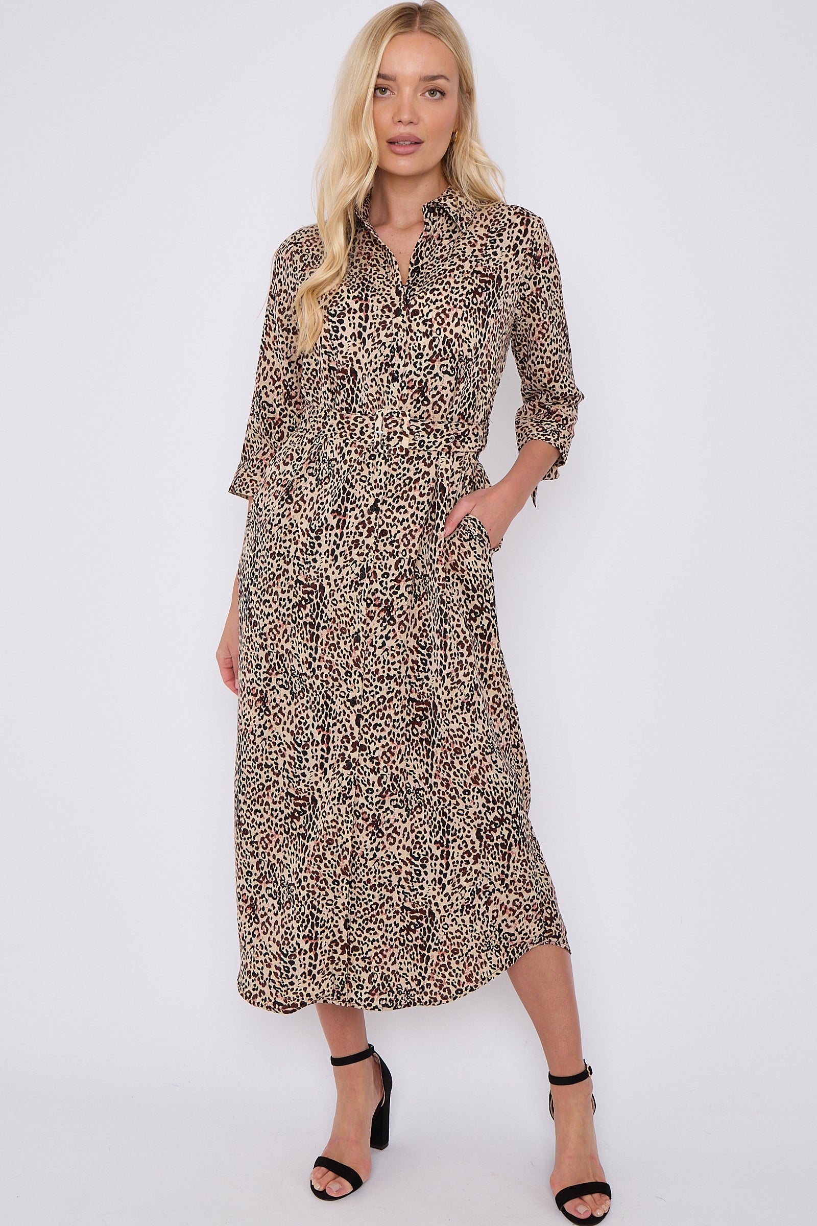 Brown Leopard Print Half Sleeve Belted Maxi Shirt Dress