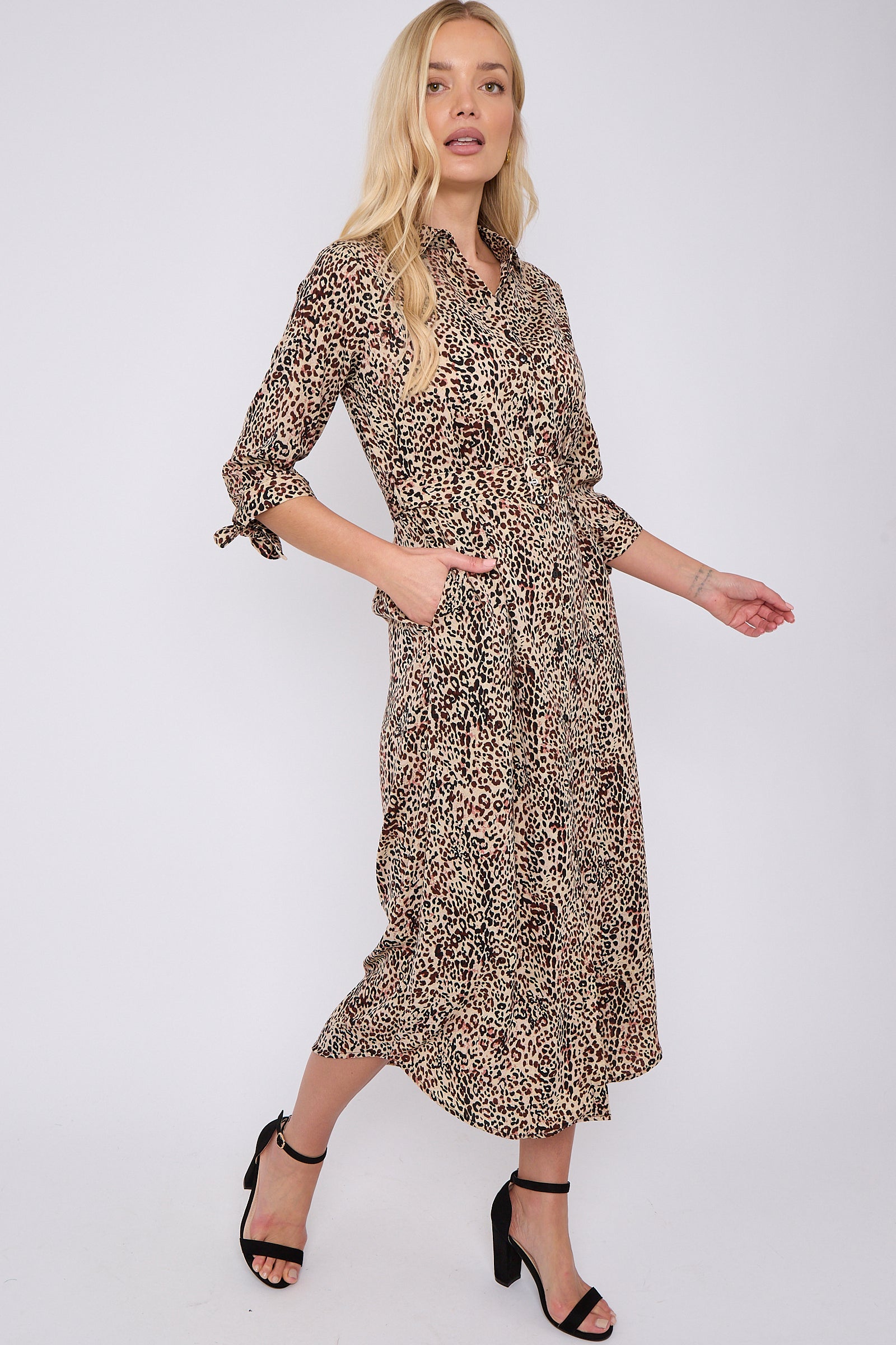 Brown Leopard Print Half Sleeve Belted Maxi Shirt Dress