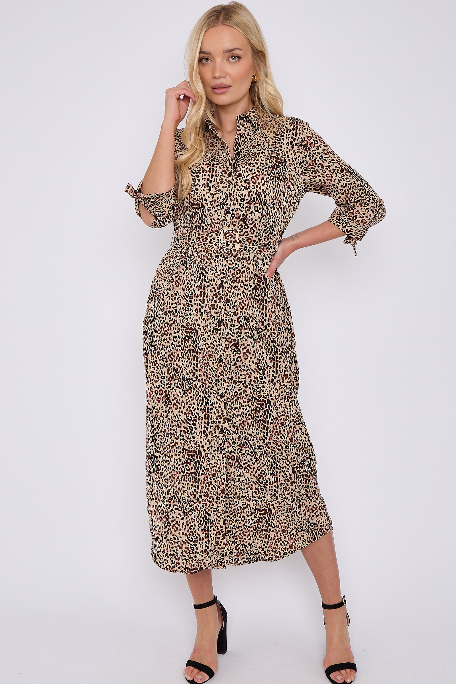 Brown Leopard Print Half Sleeve Belted Maxi Shirt Dress