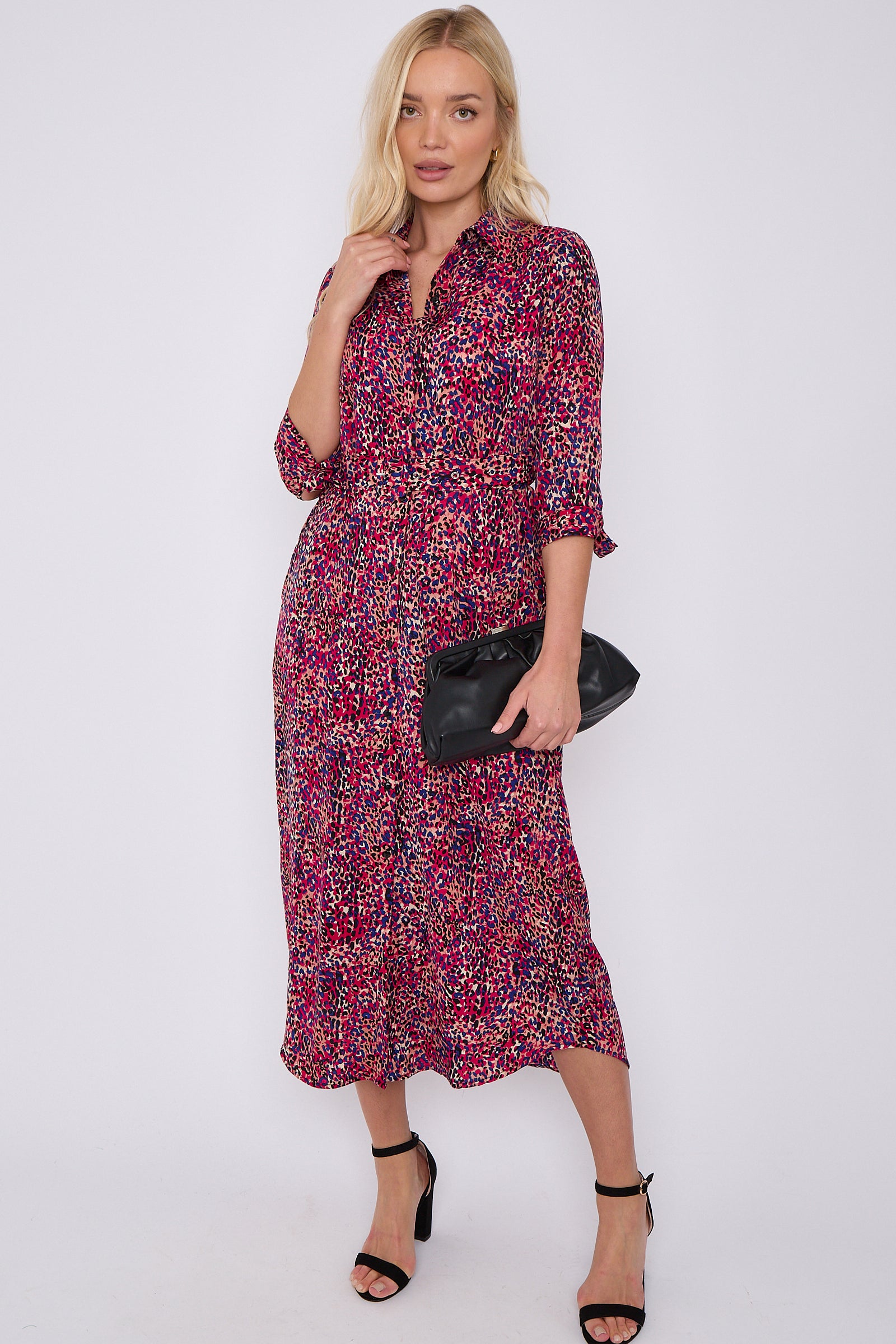 Purple Leopard Print Half Sleeve Belted Maxi Shirt Dress