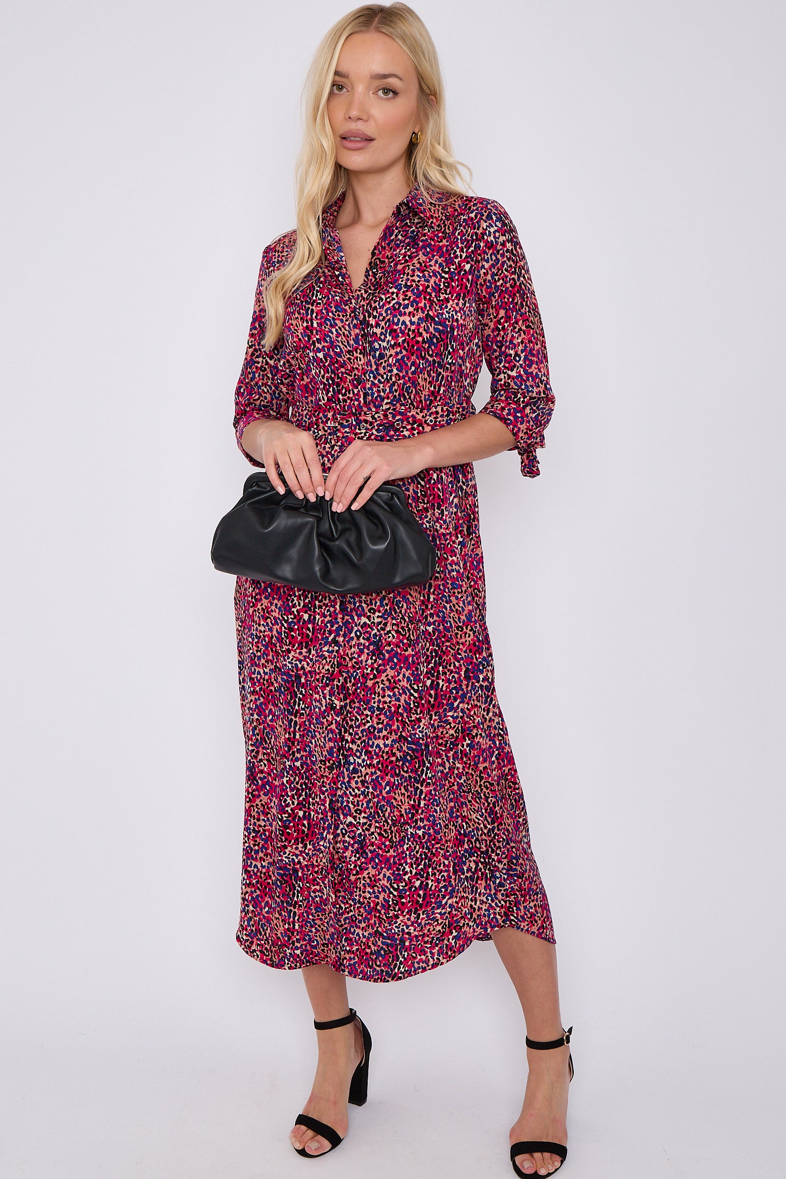 Purple Leopard Print Half Sleeve Belted Maxi Shirt Dress