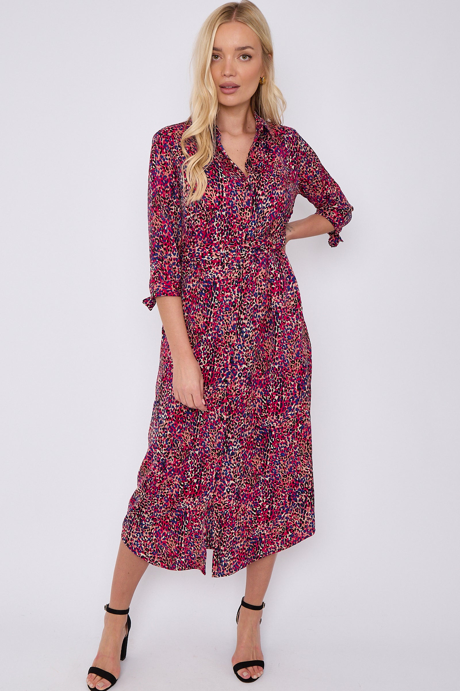 Purple Leopard Print Half Sleeve Belted Maxi Shirt Dress