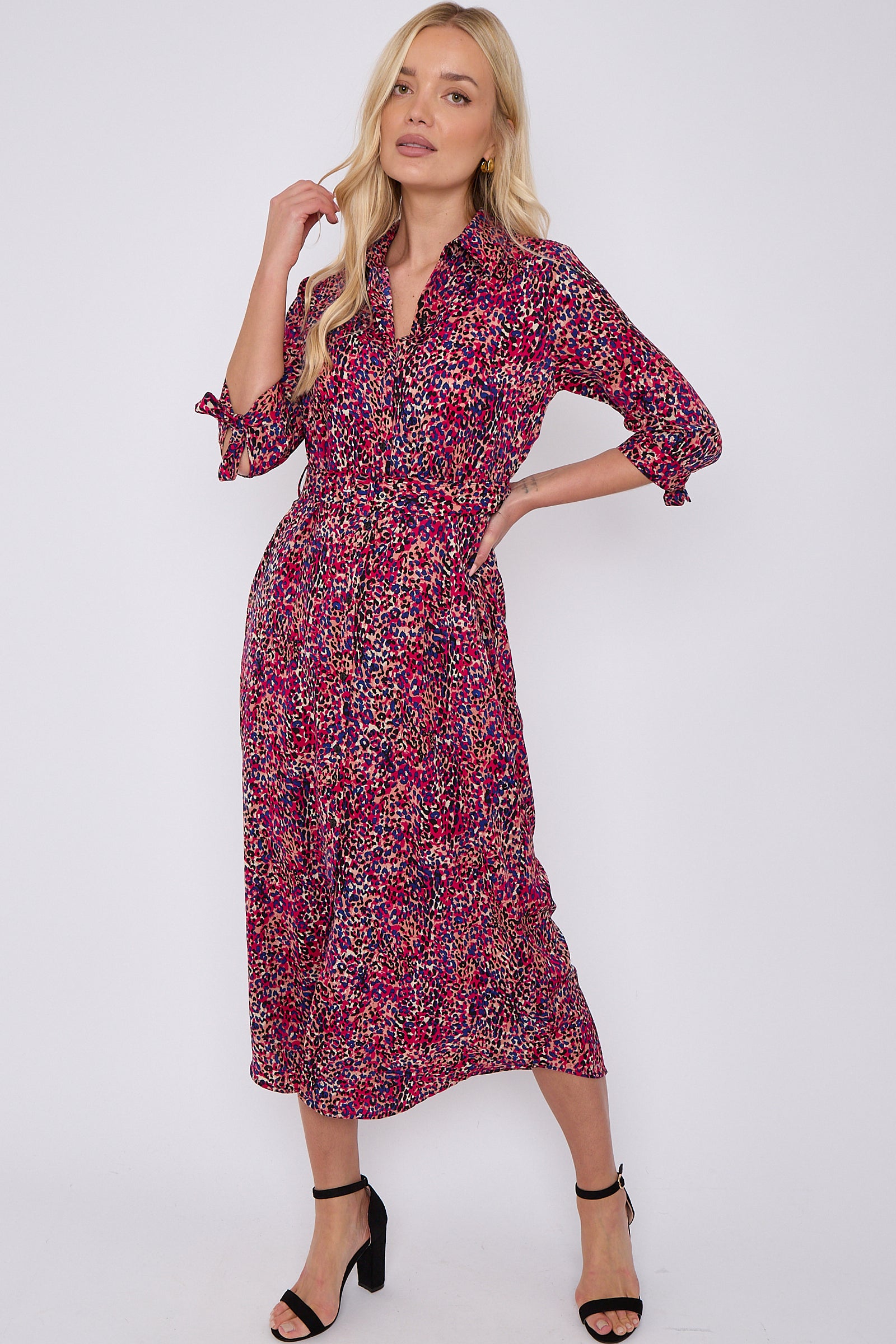 Purple Leopard Print Half Sleeve Belted Maxi Shirt Dress