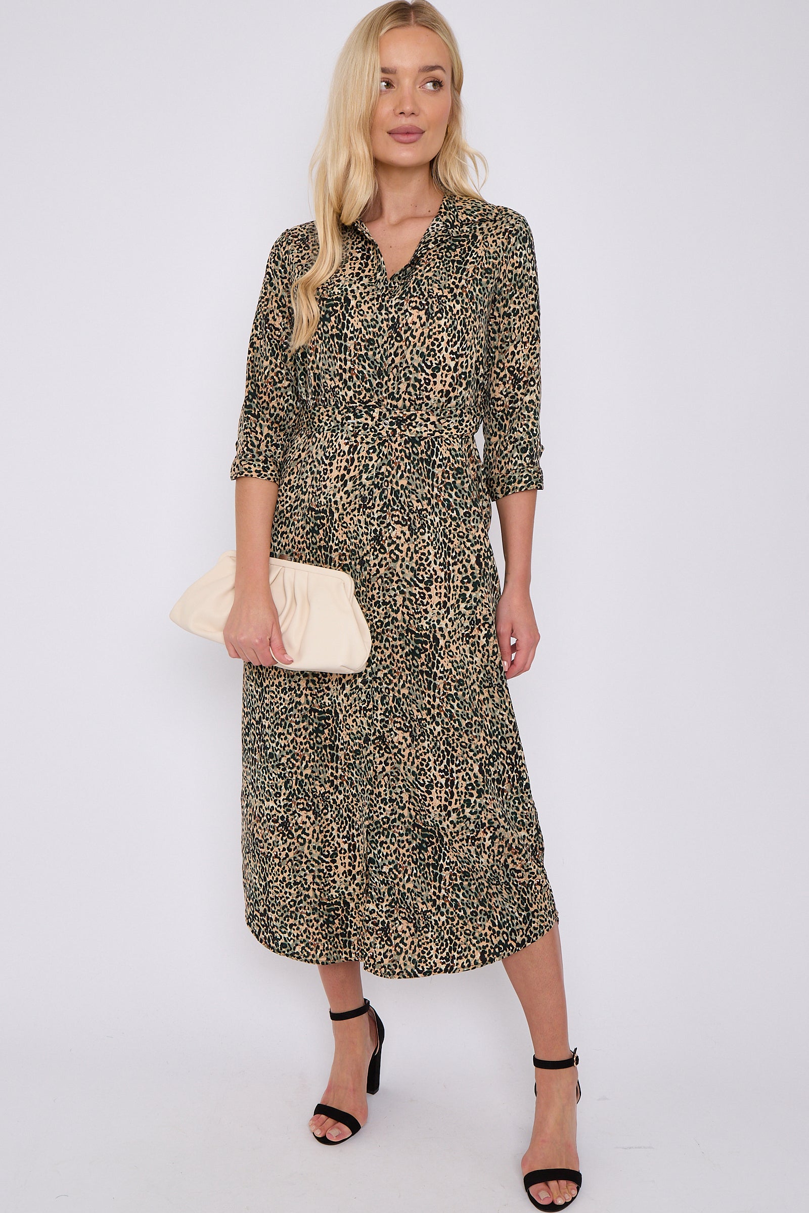 Green Leopard Print Half Sleeve Belted Maxi Shirt Dress