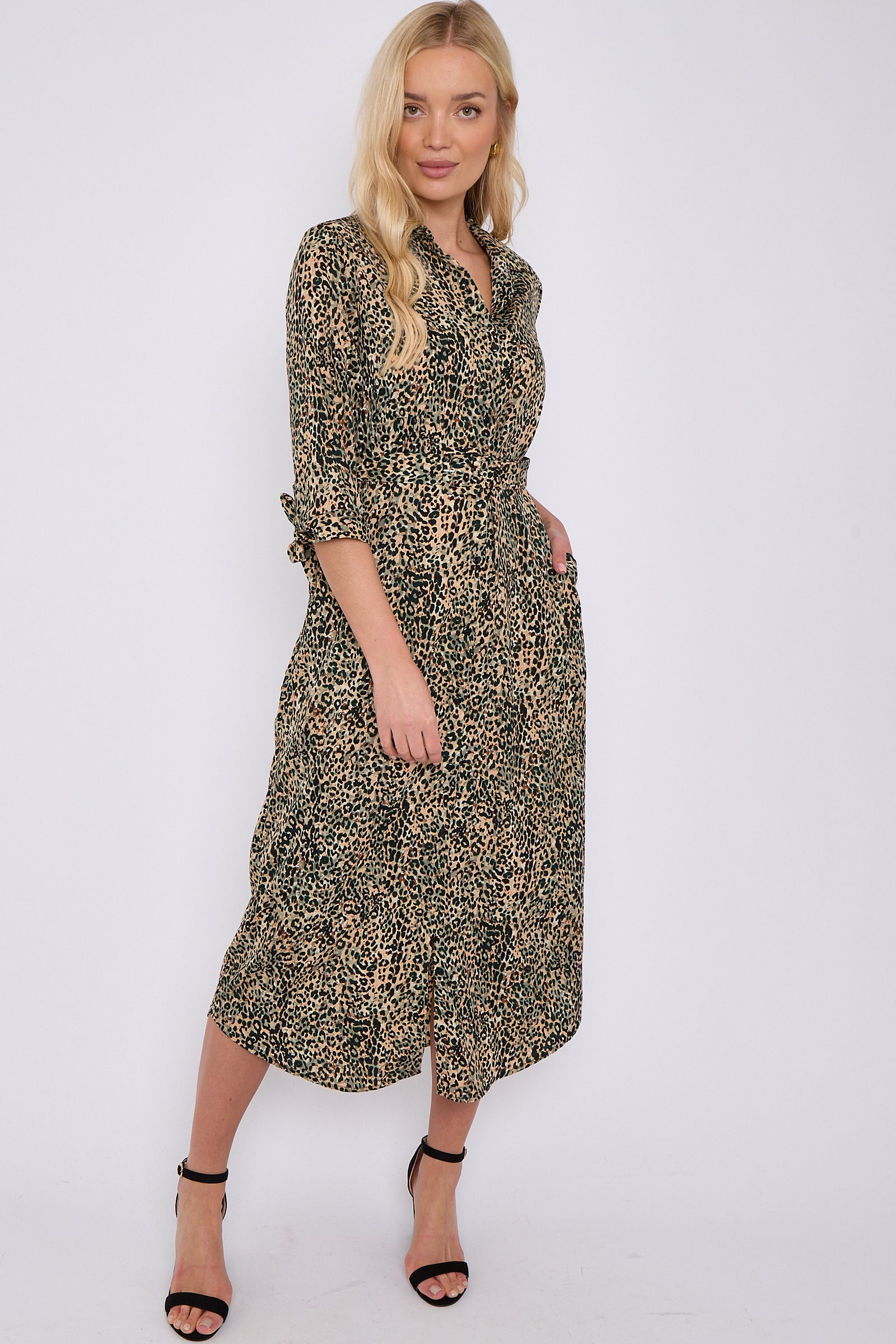 Green Leopard Print Half Sleeve Belted Maxi Shirt Dress