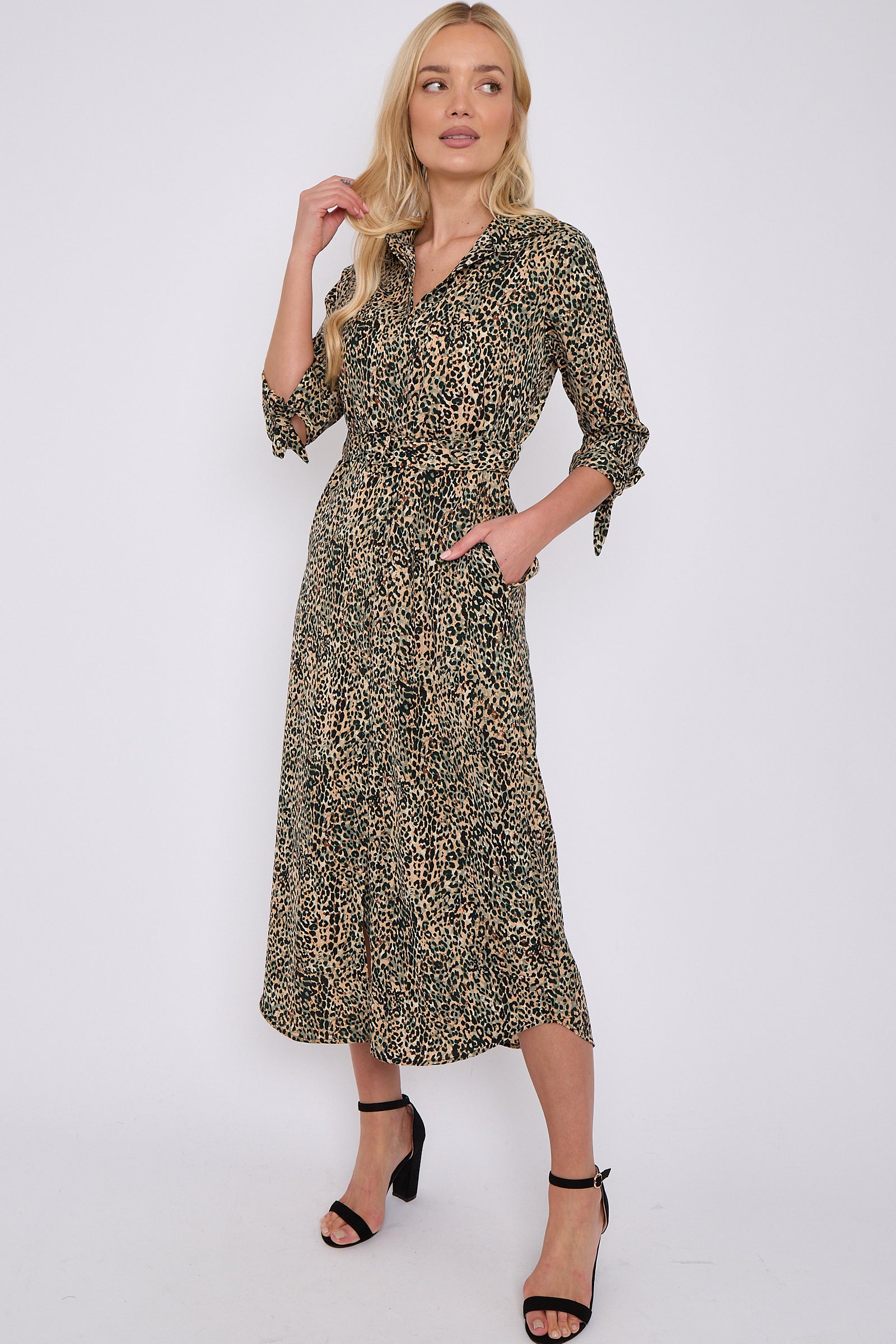 Green Leopard Print Half Sleeve Belted Maxi Shirt Dress