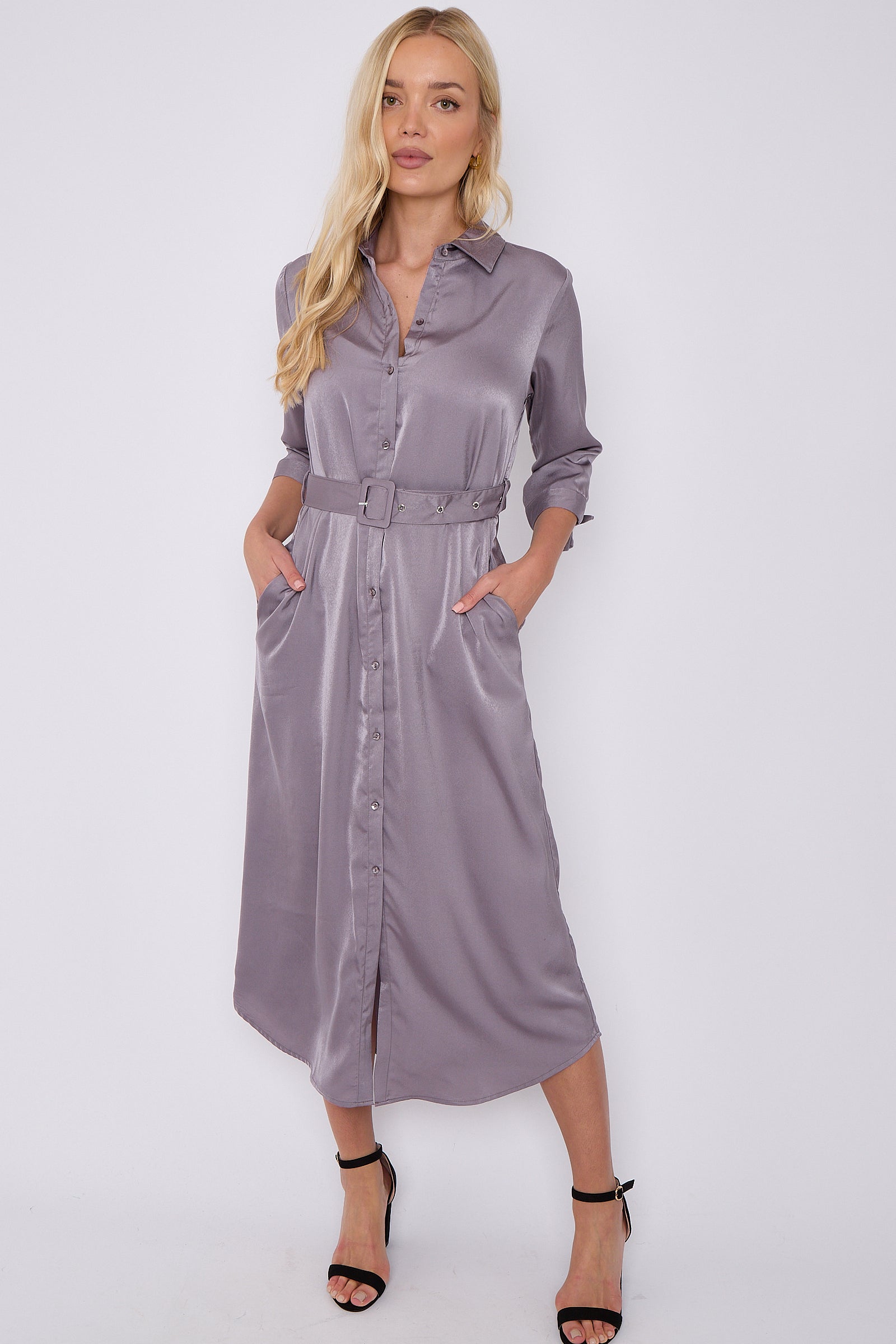 Grey Half Sleeve Belted Maxi Shirt Dress