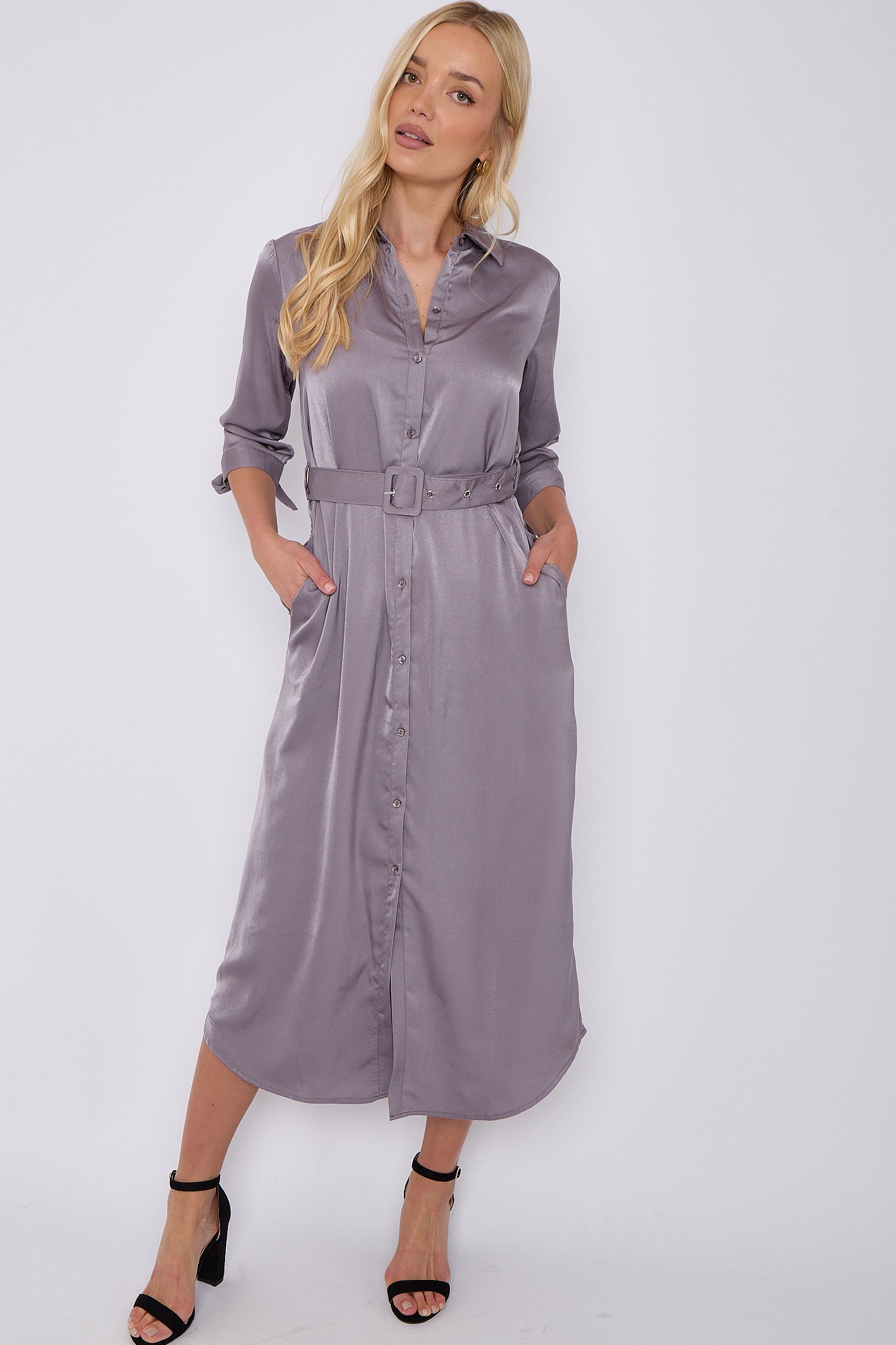 Grey Half Sleeve Belted Maxi Shirt Dress