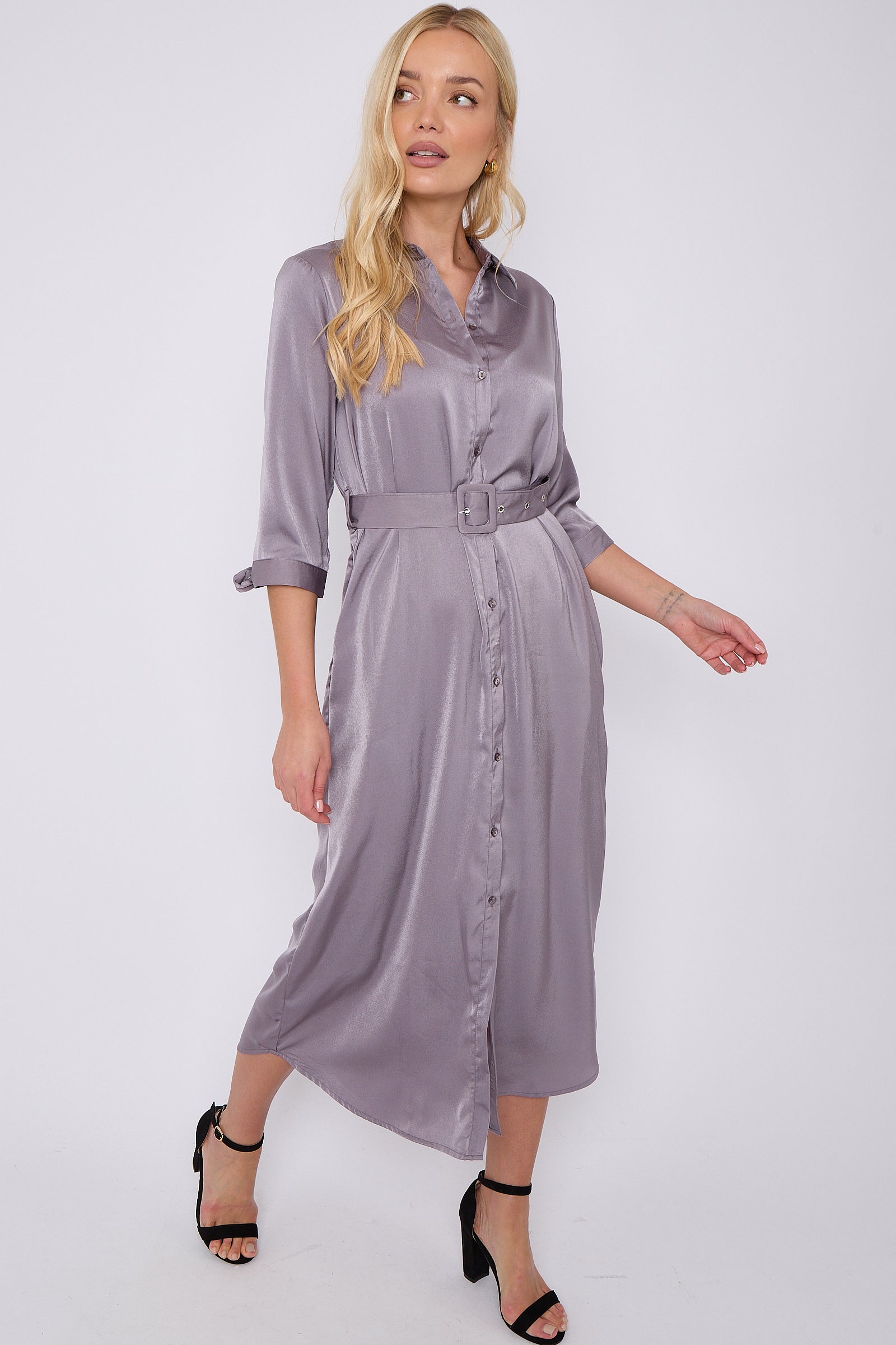 Grey Half Sleeve Belted Maxi Shirt Dress