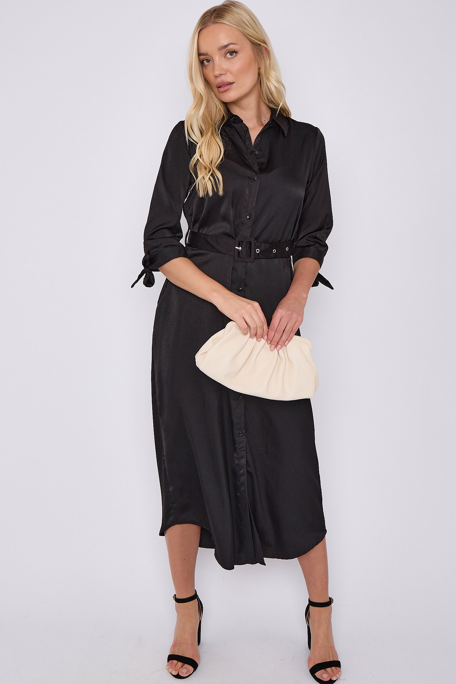 Black Half Sleeve Belted Maxi Shirt Dress