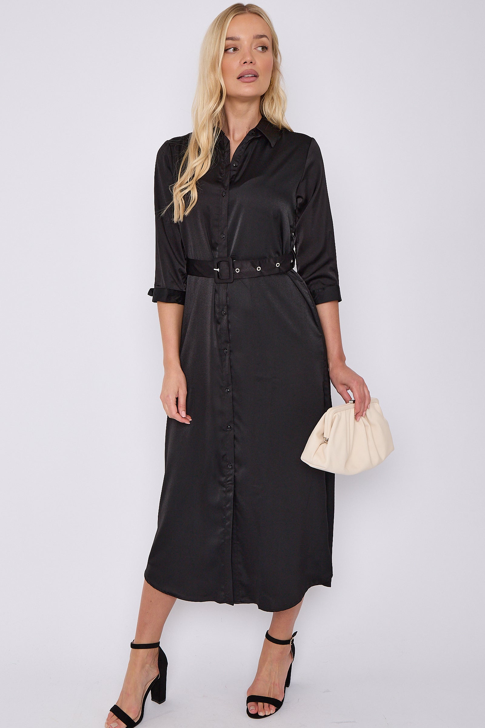 Black Half Sleeve Belted Maxi Shirt Dress