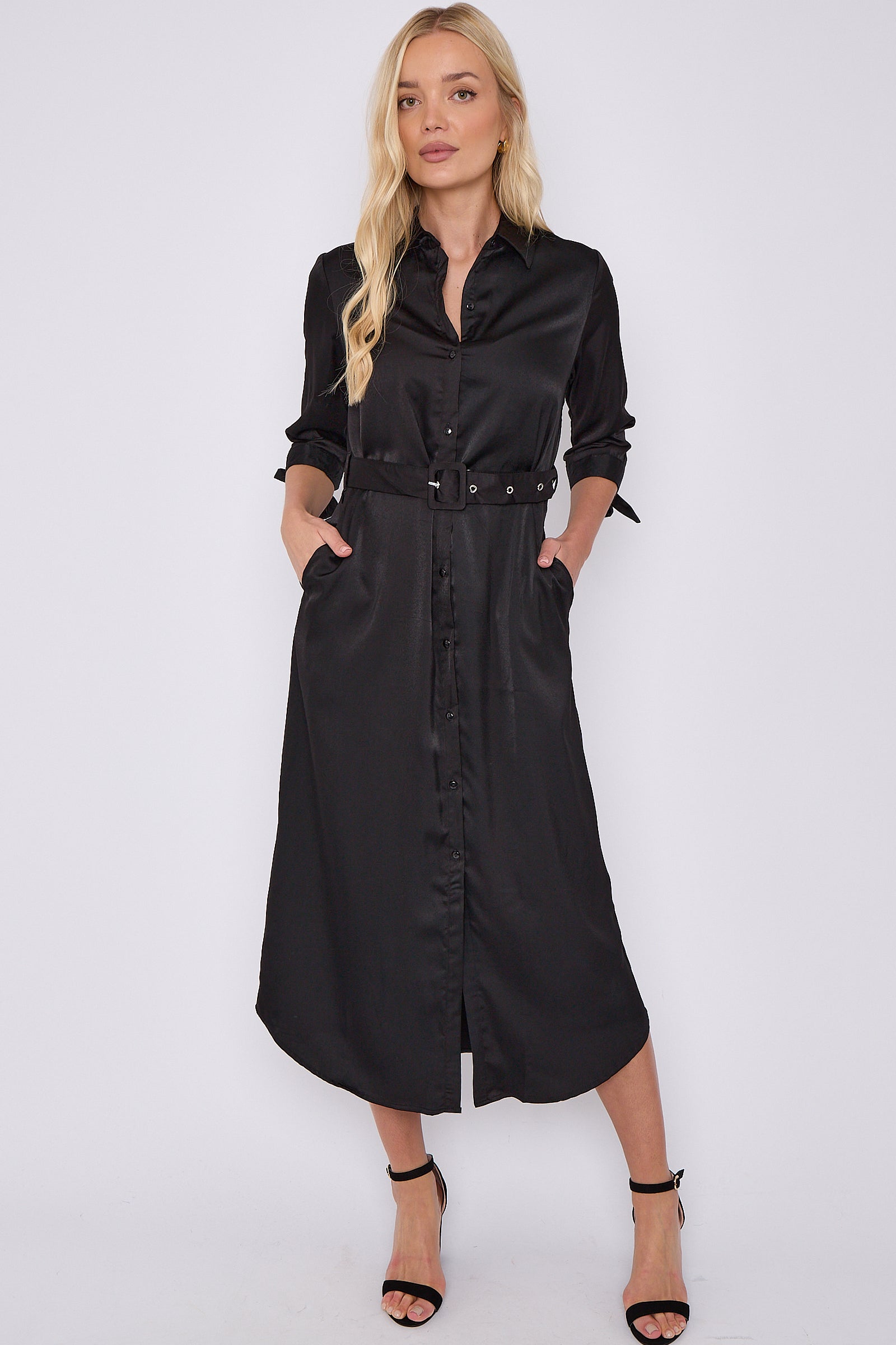 Black Half Sleeve Belted Maxi Shirt Dress