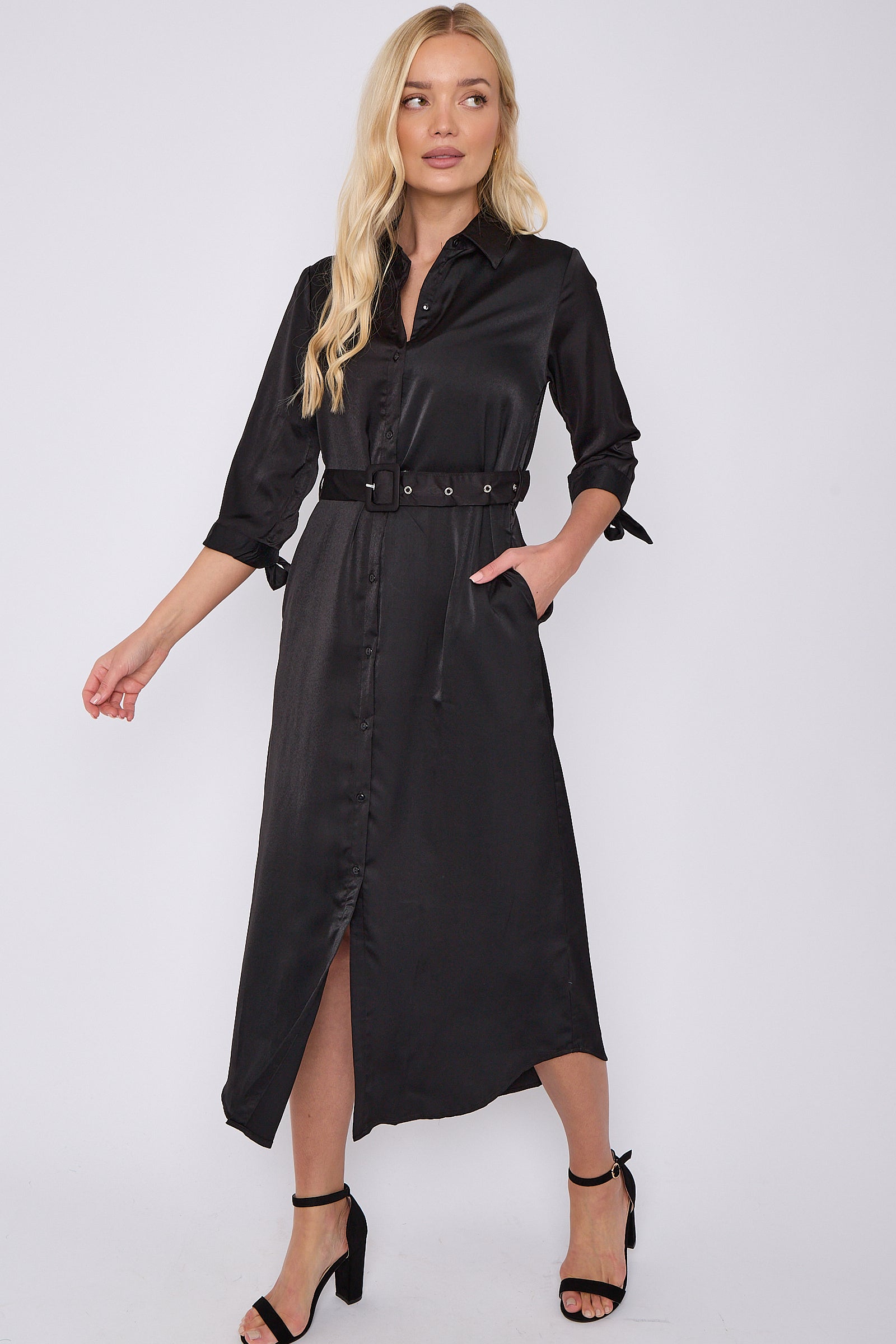 Black Half Sleeve Belted Maxi Shirt Dress