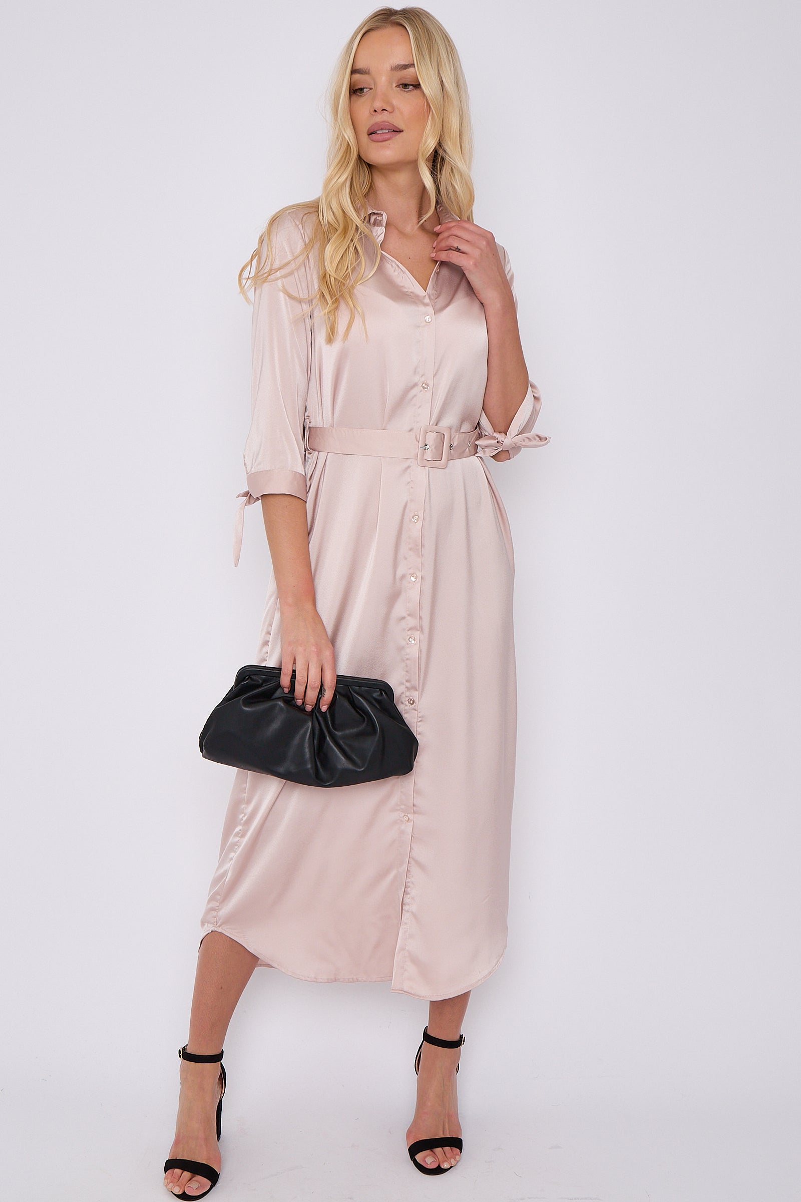 Champagne Half Sleeve Belted Maxi Shirt Dress