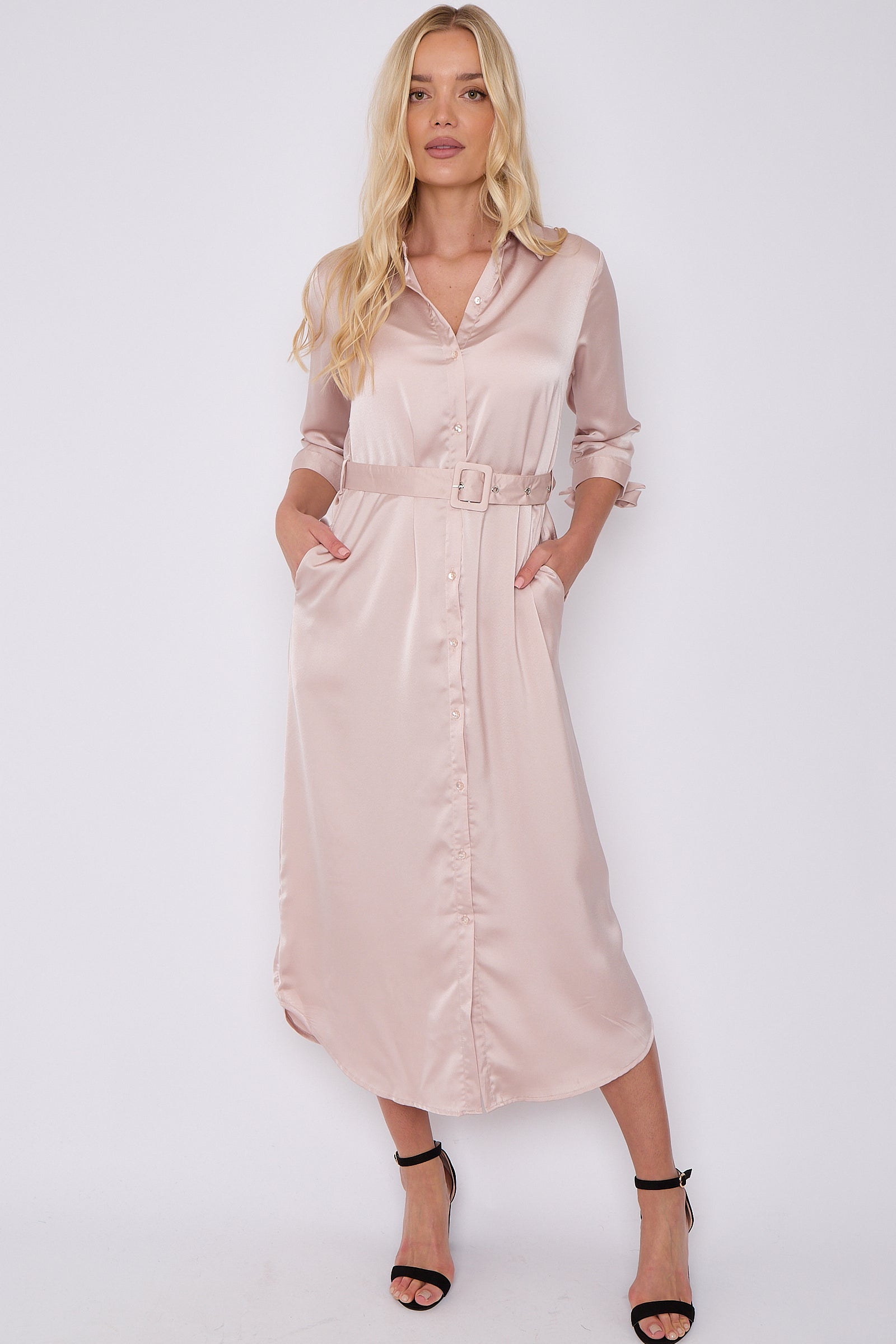 Champagne Half Sleeve Belted Maxi Shirt Dress