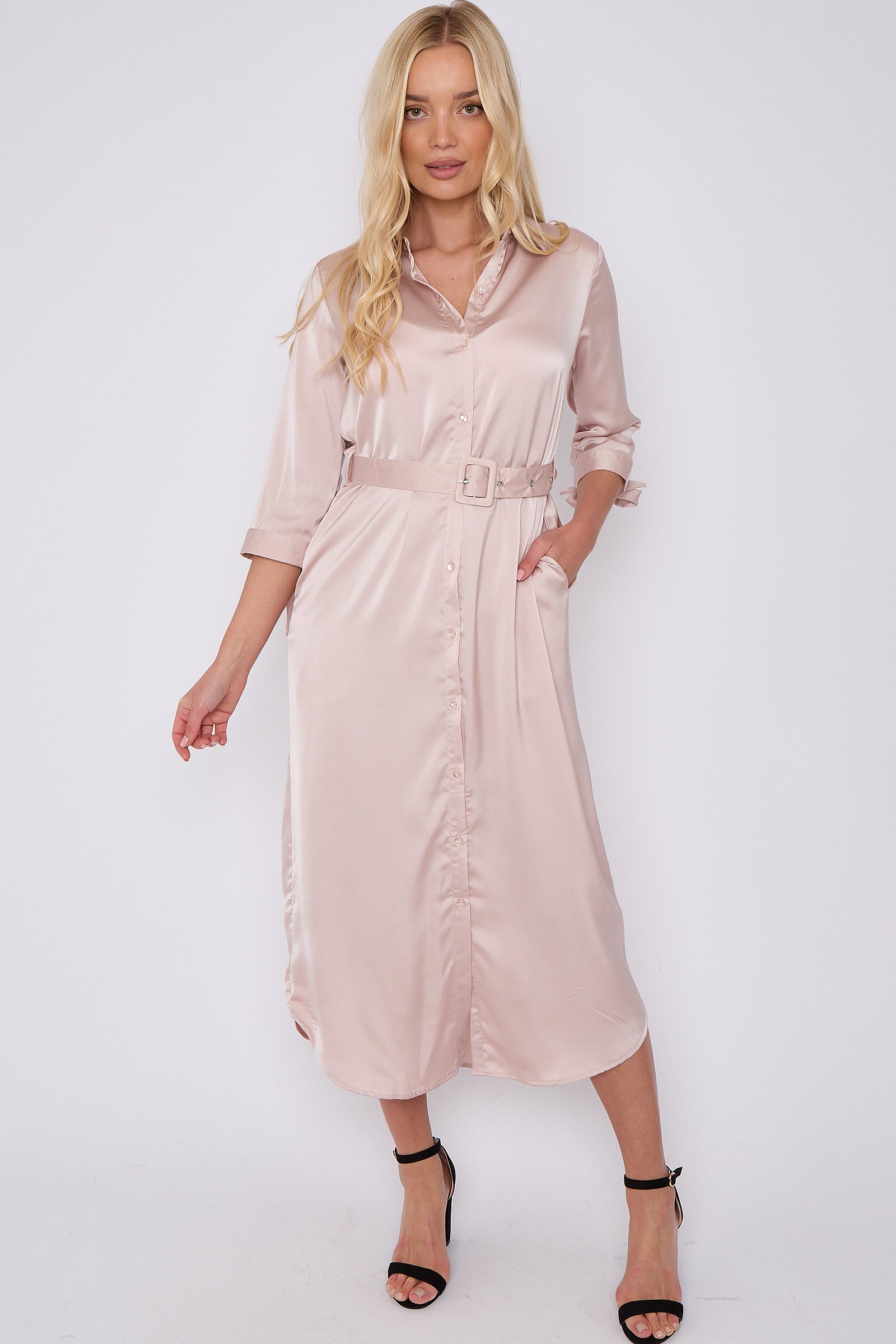 Champagne Half Sleeve Belted Maxi Shirt Dress