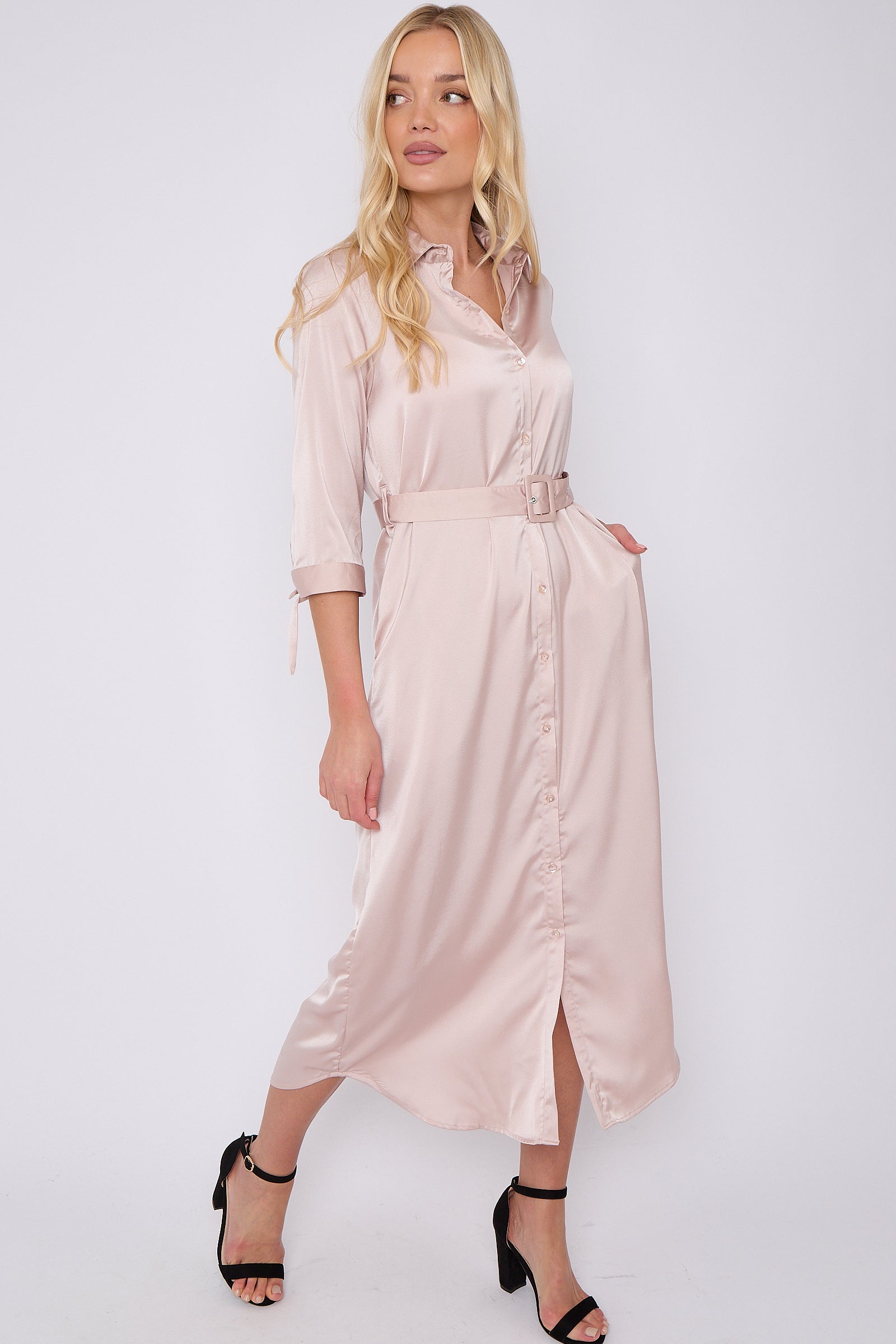 Champagne Half Sleeve Belted Maxi Shirt Dress