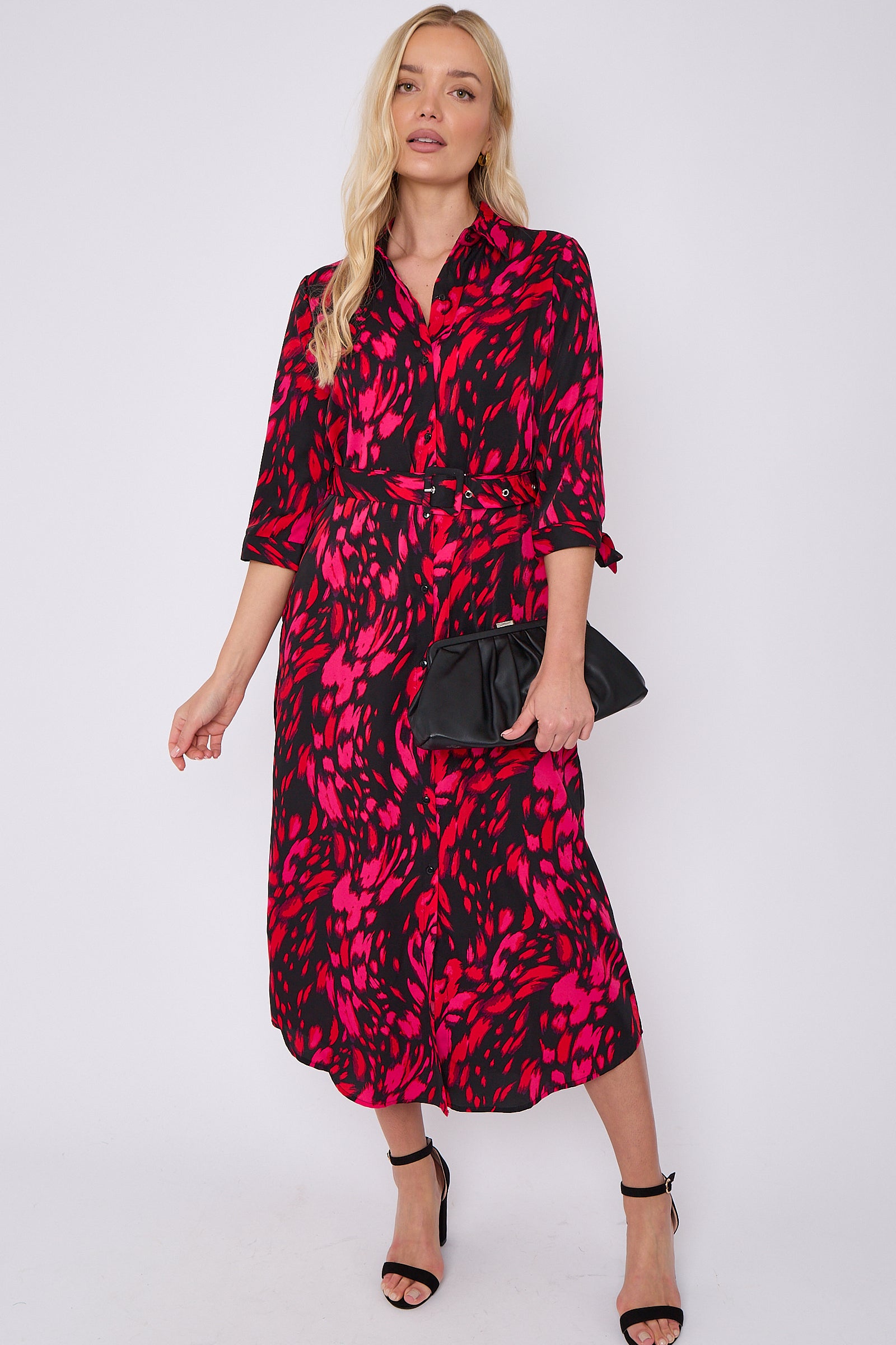 Fuchsia Leopard Print Half Sleeve Belted Maxi Shirt Dress