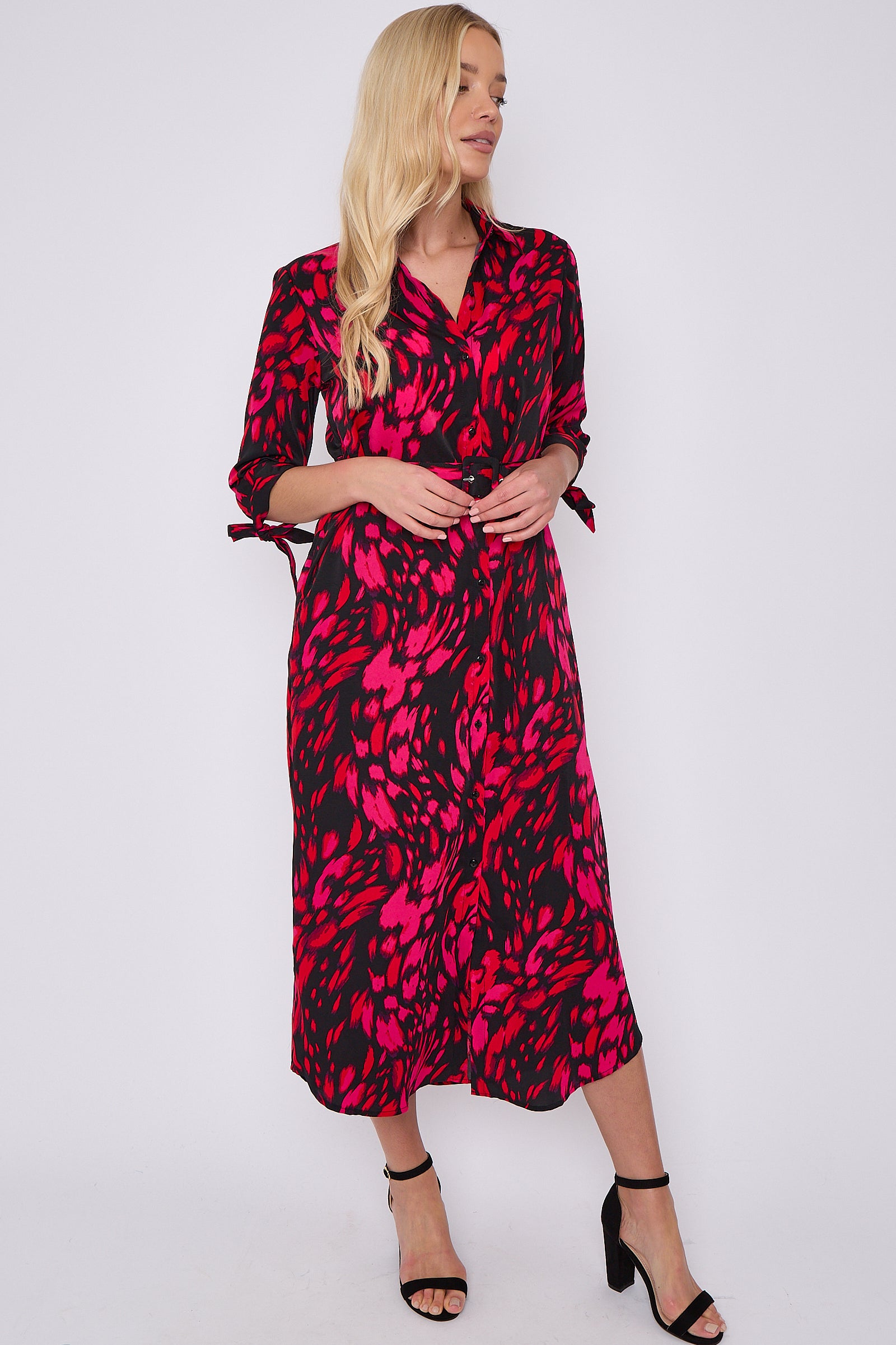 Fuchsia Leopard Print Half Sleeve Belted Maxi Shirt Dress