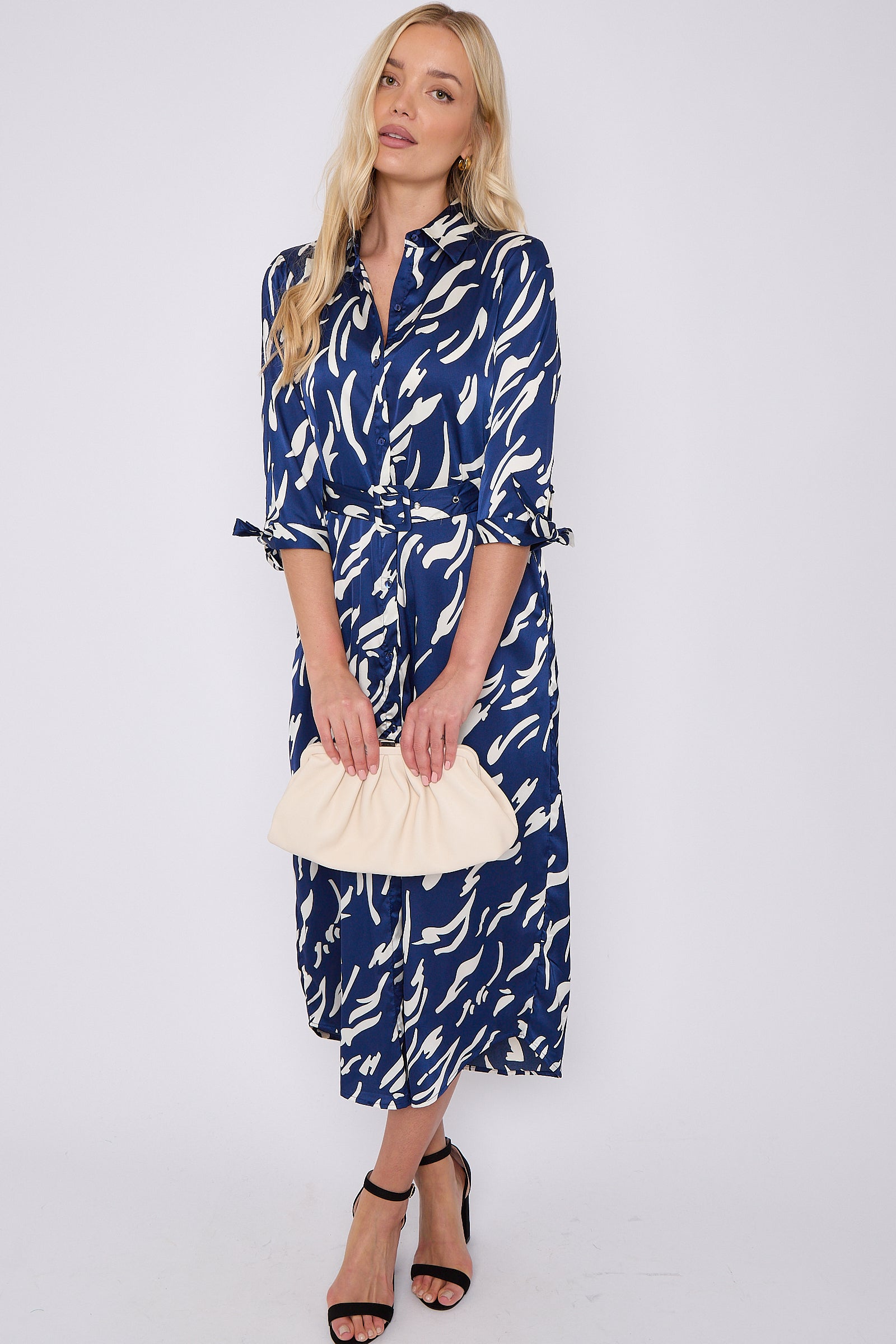 Blue Print Half Sleeve Belted Satin Maxi Shirt Dress