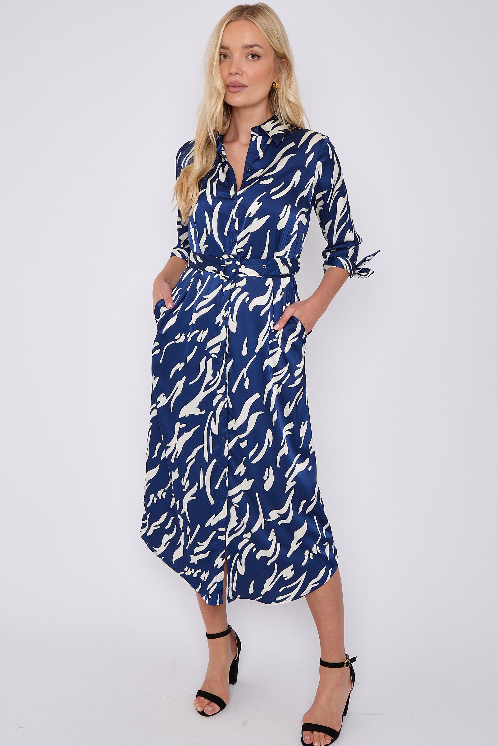 Blue Print Half Sleeve Belted Satin Maxi Shirt Dress