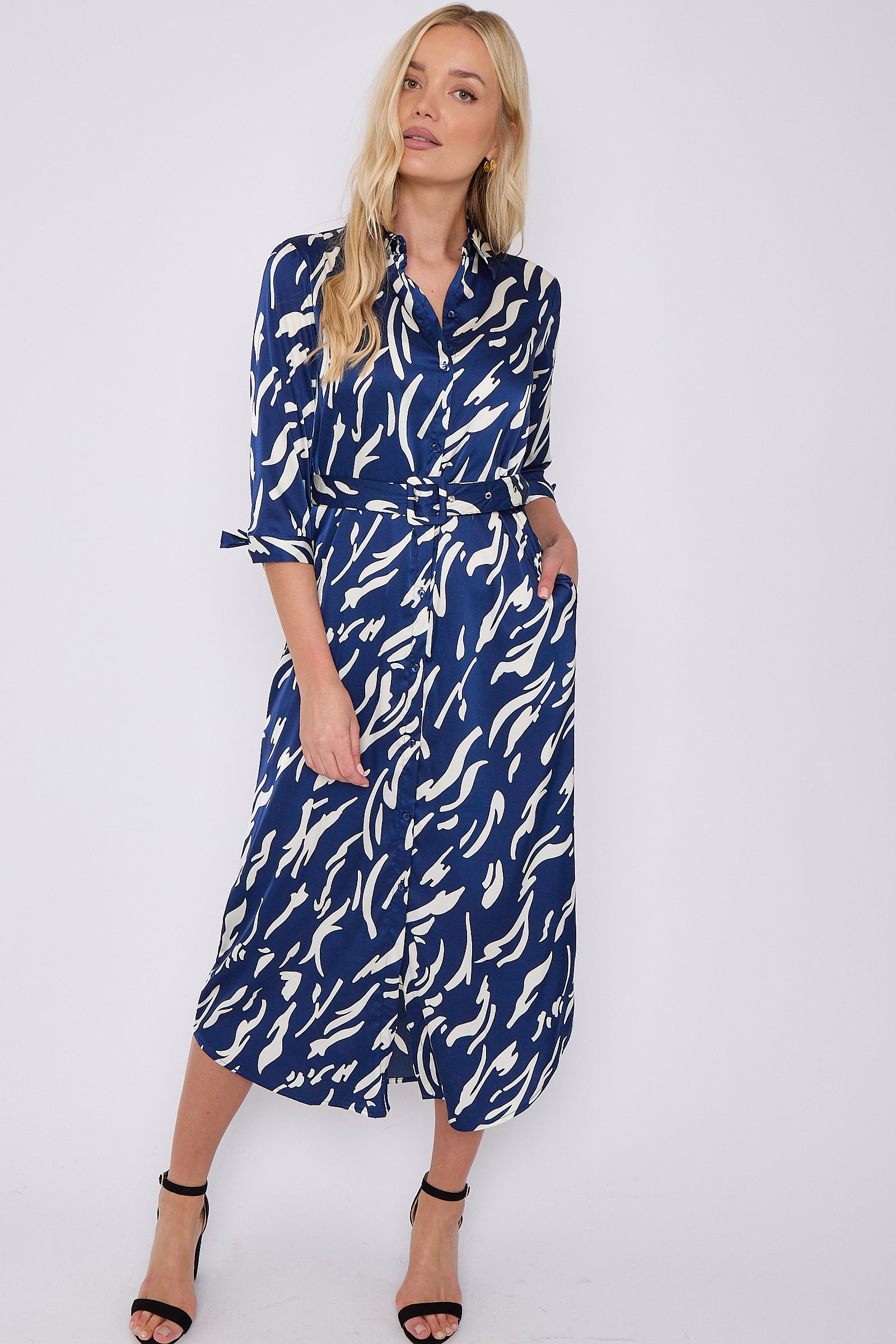 Blue Print Half Sleeve Belted Satin Maxi Shirt Dress