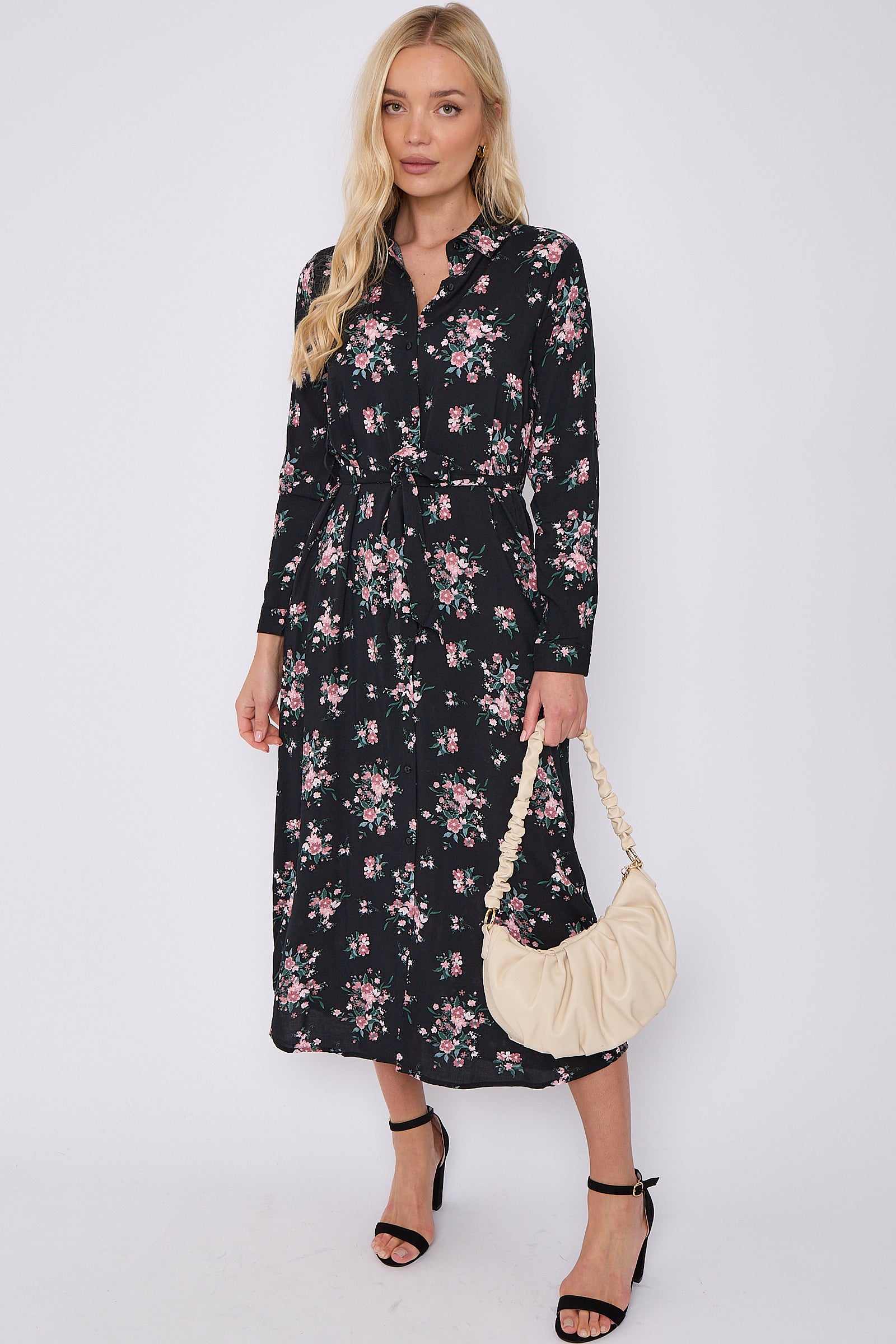 Black Floral Print Maxi Shirt Dress