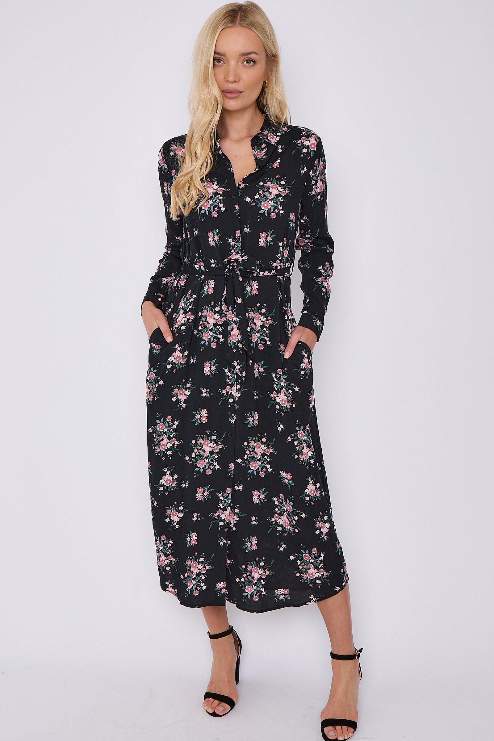 Black Floral Print Maxi Shirt Dress