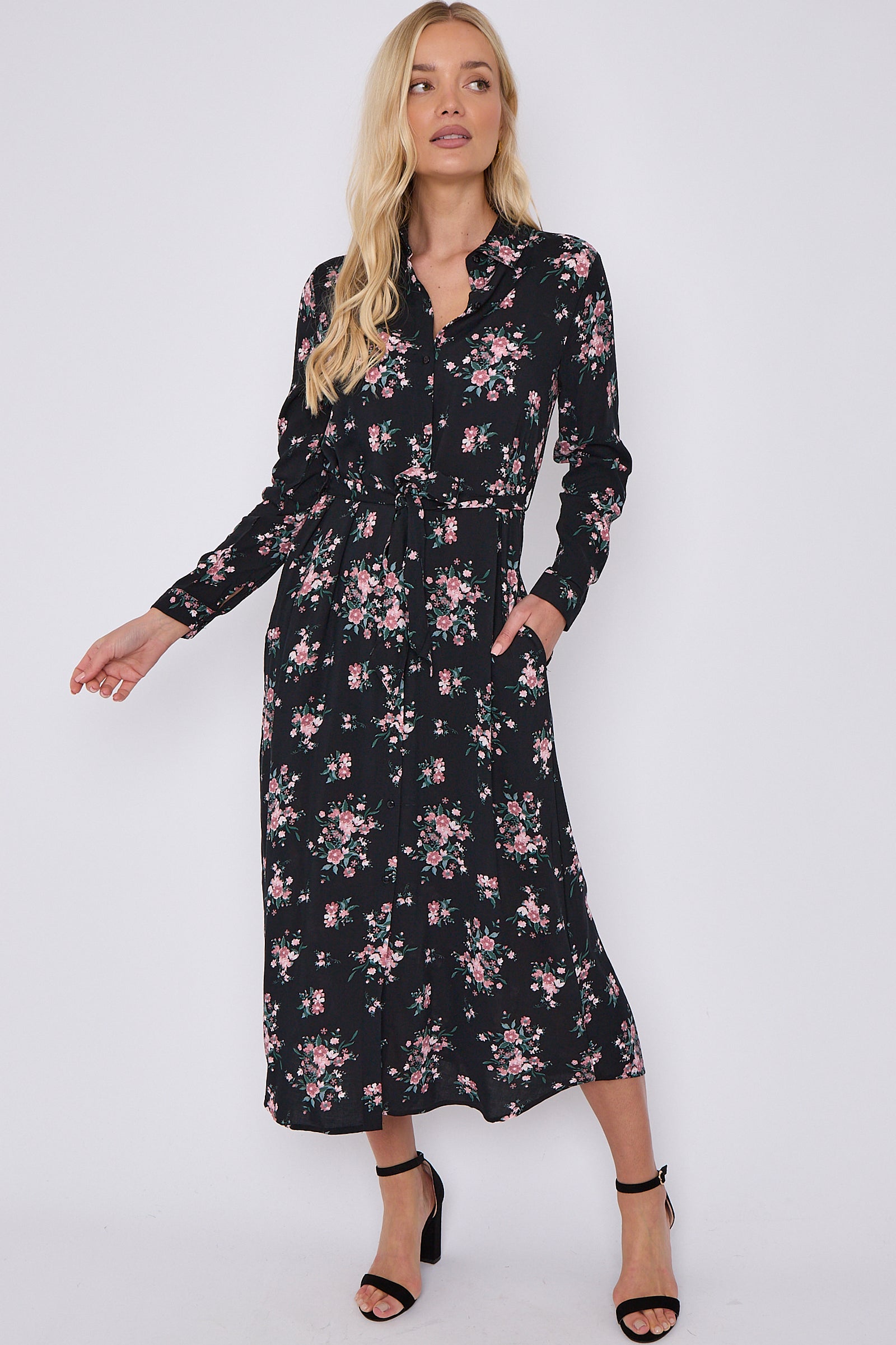 Black Floral Print Maxi Shirt Dress